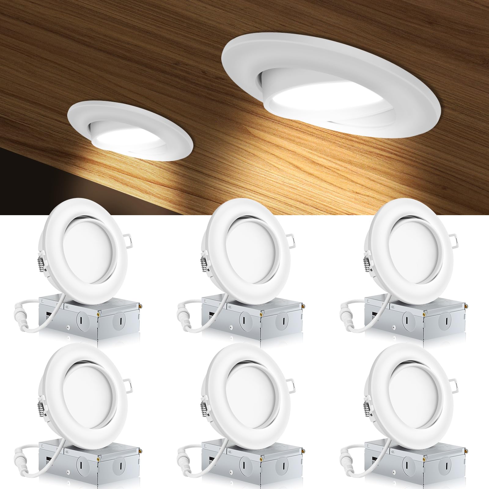 Knlnny Ware 6 Inch Led Recessed Lights 6 Pack,Ajustable Led Eyeball Gimbal Light with Junction Box,5CCT Selectable,15W 1250LM,Di