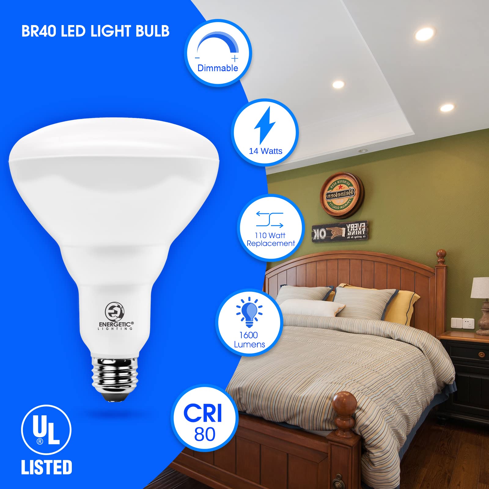 Led Recessed Light Bulbs Br40, 110W Equivalent 14W, Dimmable, 1600 High Lumens, Daylight 5000K, Indoor Flood Lights For Recessed