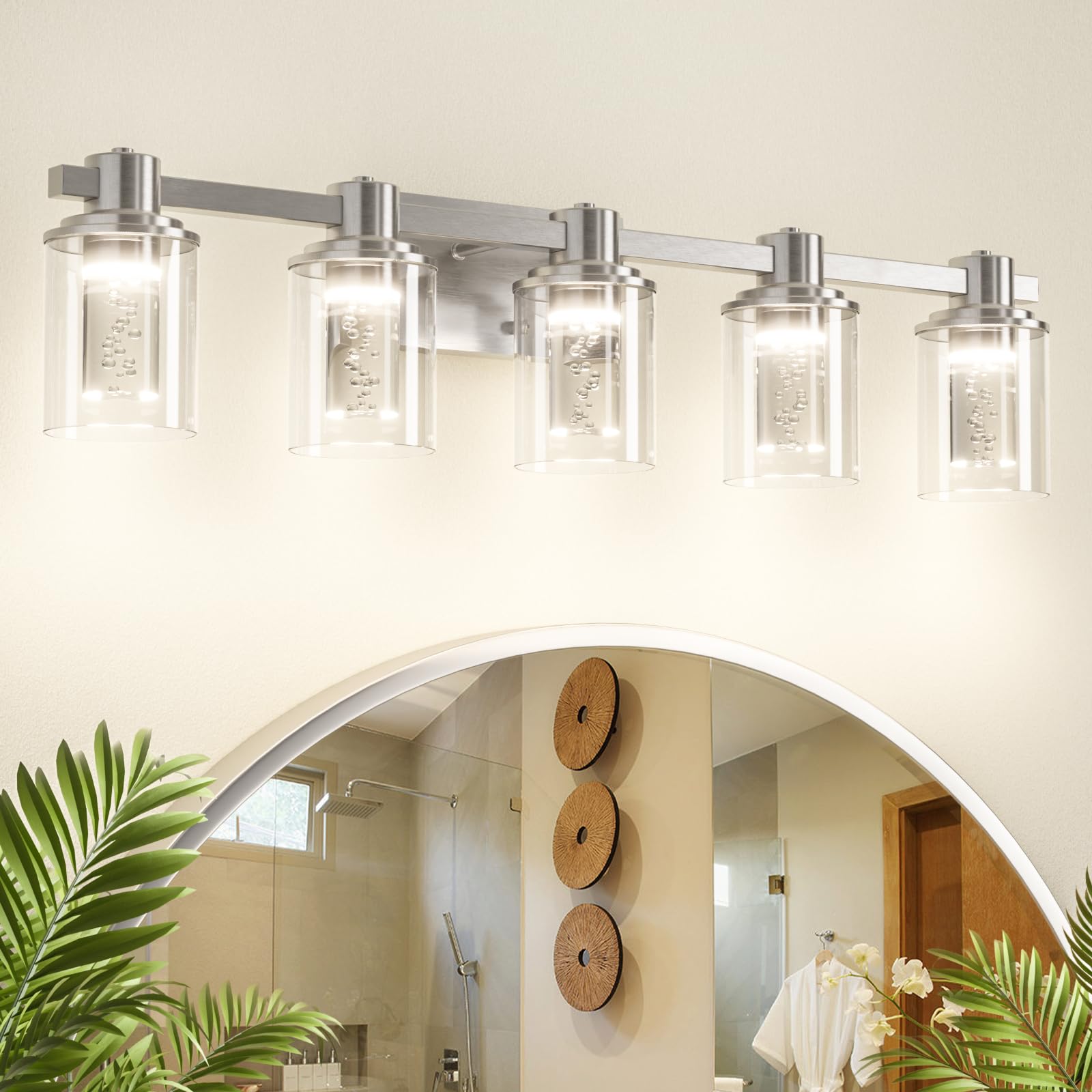 Quntis 5-Light Brushed Nickel Dimmable Bathroom Vanity Light With Glass Shade, Bulbs Included