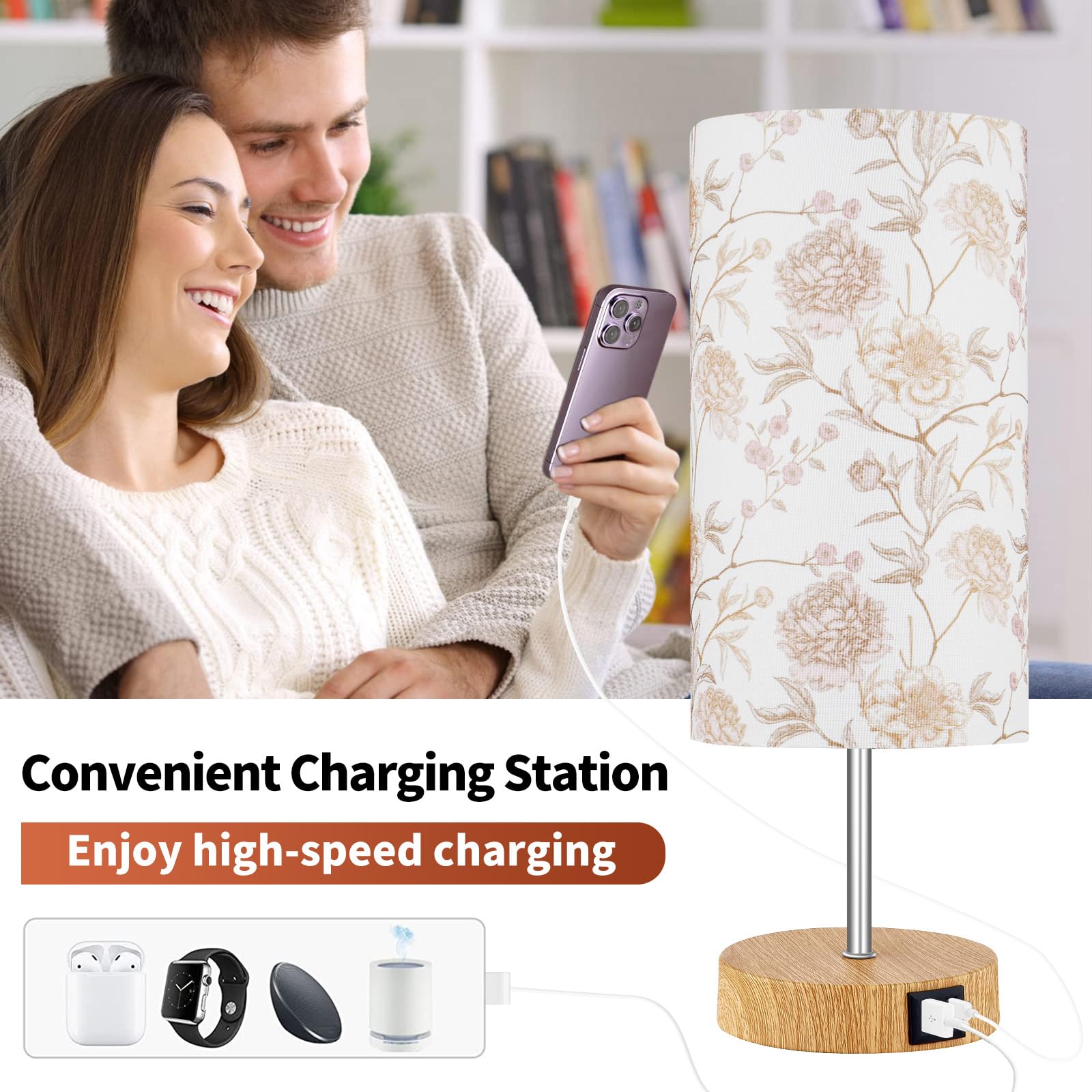 Lolikit Bedside Touch Lamp, Wood Small Table Lamp With 2 Usb Charging Ports & Flower Fabric Shade, 3-Way Dimmable Nightstand Lam