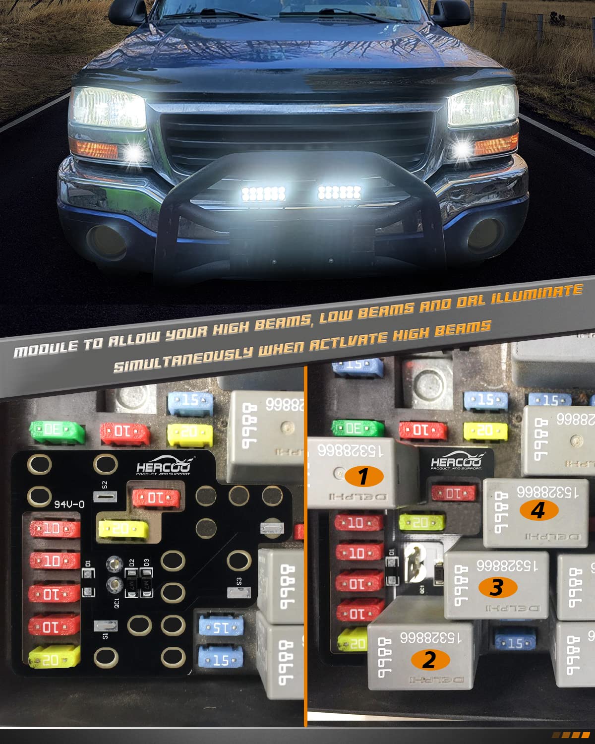 Hercoo 6 High Mod, Module For Gm Low Beams High Beams & Drl Light On Simultaneously Compatible With Chevy Silverado Gmc Sierra 1500/2500/3500 Classic 2003-2007