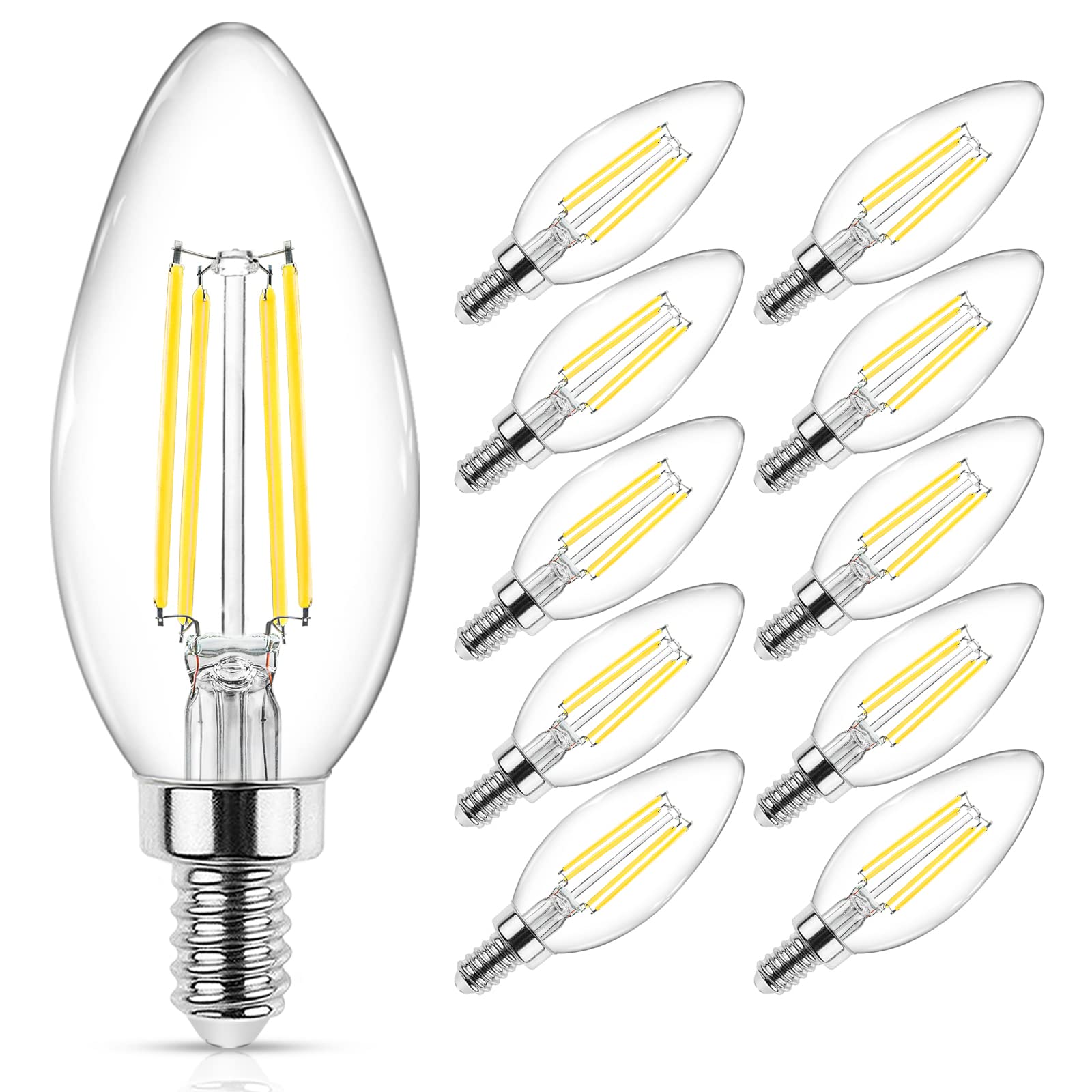 Ascher E12 Candelabra Led Light Bulbs 60 Watt Equivalent, 550 Lumen, Daylight White 5000K, Clear Led Filament Candle Bulbs, Non-