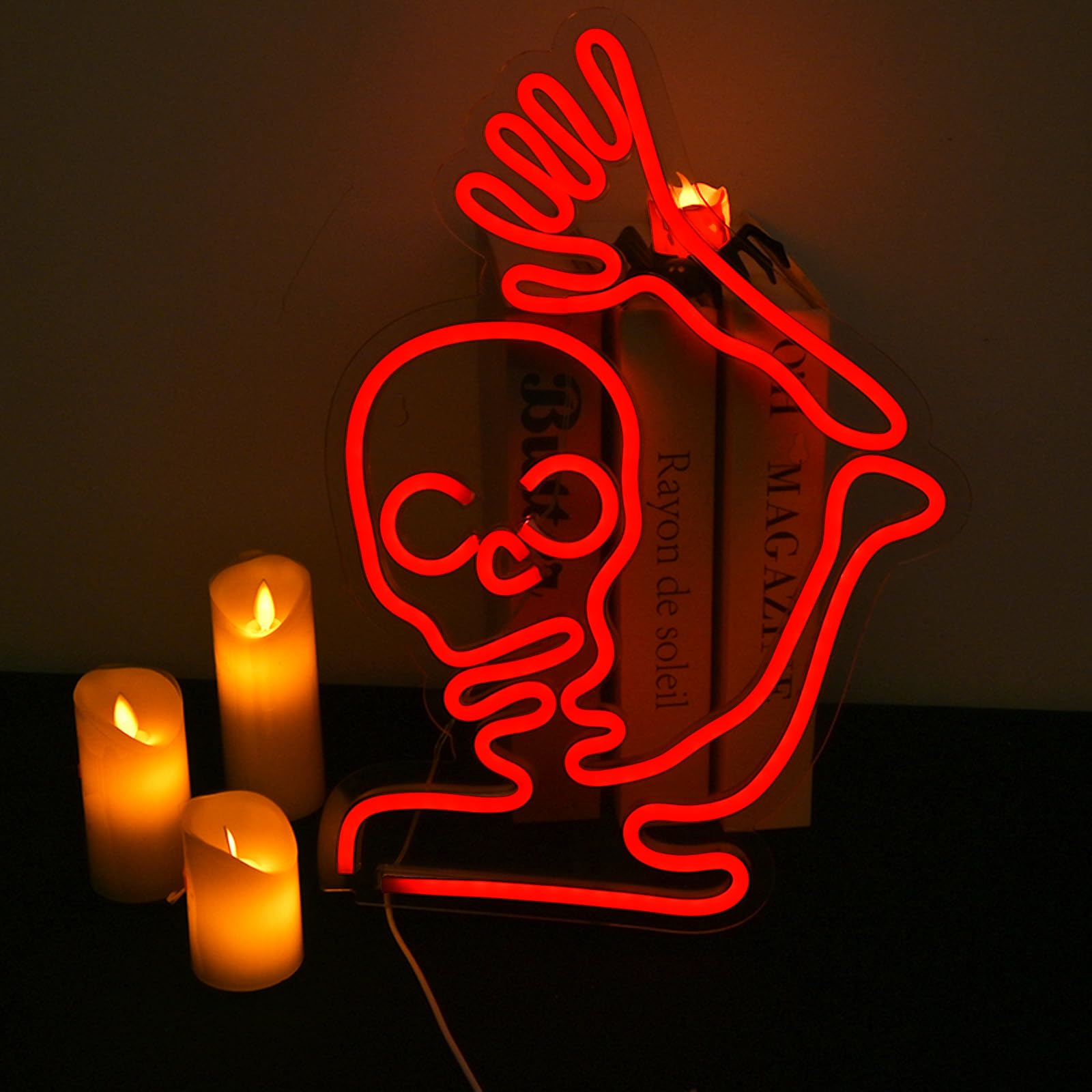 Faxfsign Skeleton Skull Neon Sign Red Halloween Waving Ghost Led Light Up Signs For Wall Window Decor Usb Fun Lamp Neon Light Signs For Bedroom malt-inspired Bar Man Cave Birthday Halloween Party Gifts