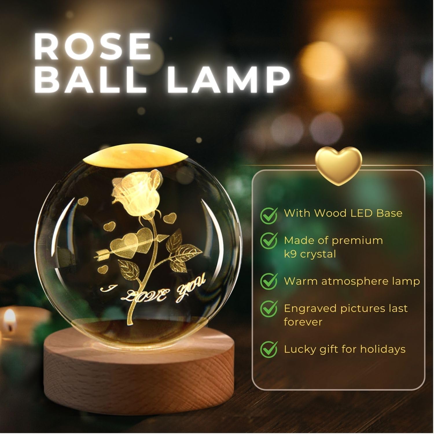 Flexzion 3D Rose Crystal Ball Night Light - Led Light Hologram Glass Lamp With Solid Wood Base, Usb Powered Crystal Ball Lamp Wi