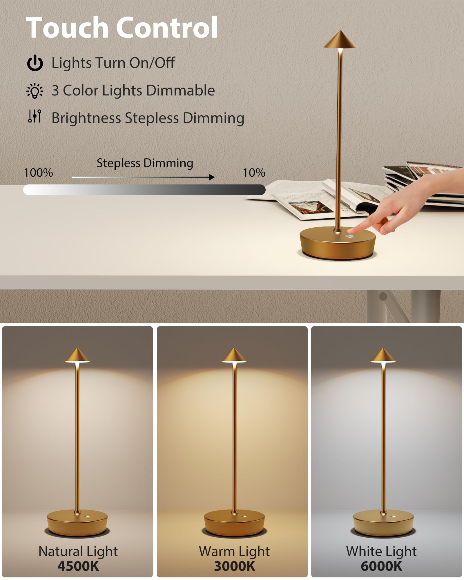 SHANGCAI Cordless Table Lamp, 6000mAh Rechargeable LED, Waterproof, Touch Dimmable, 12.8" H, Bronze, Model X12
