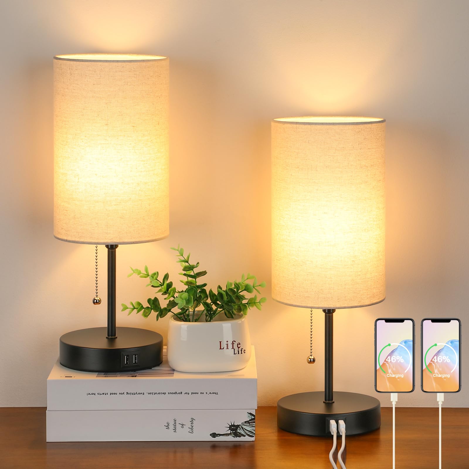 2 Sets Table Lamps with 2 USB, Minimalist Beside lamps for Bedroom, Nightstand Lamps with Pull Chain, Desk Lamps with Cream Fabr