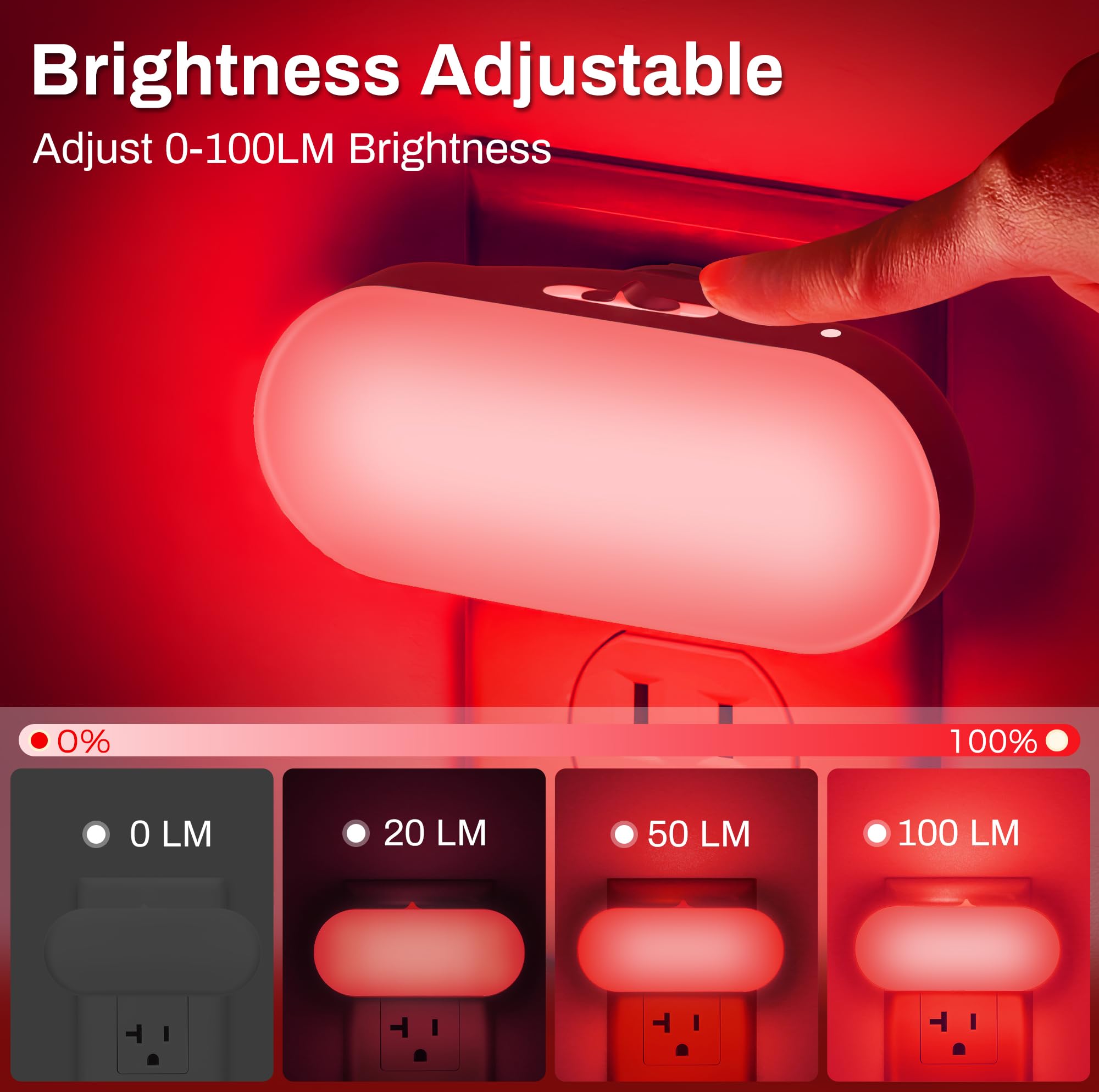 Doresshop Red Night Light, Auto On/Off, 0-100 Lm Adjustable Brightness, Dimmable Plug Into Wall Light Sensor Night Light For Kids Room, Bedroom Night Light, Stair Lights, 1W, 2 Pack