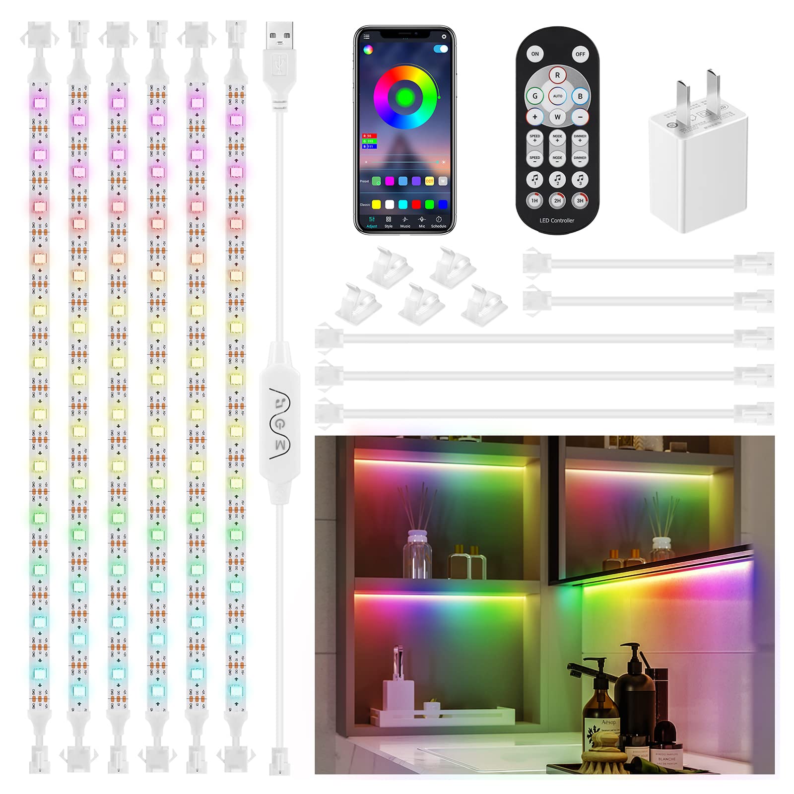 Huemihui 6Pcs Music Sync Color Changing Led Under Cabinet Lights, Dimmable 9.8Ft Strip With Remote