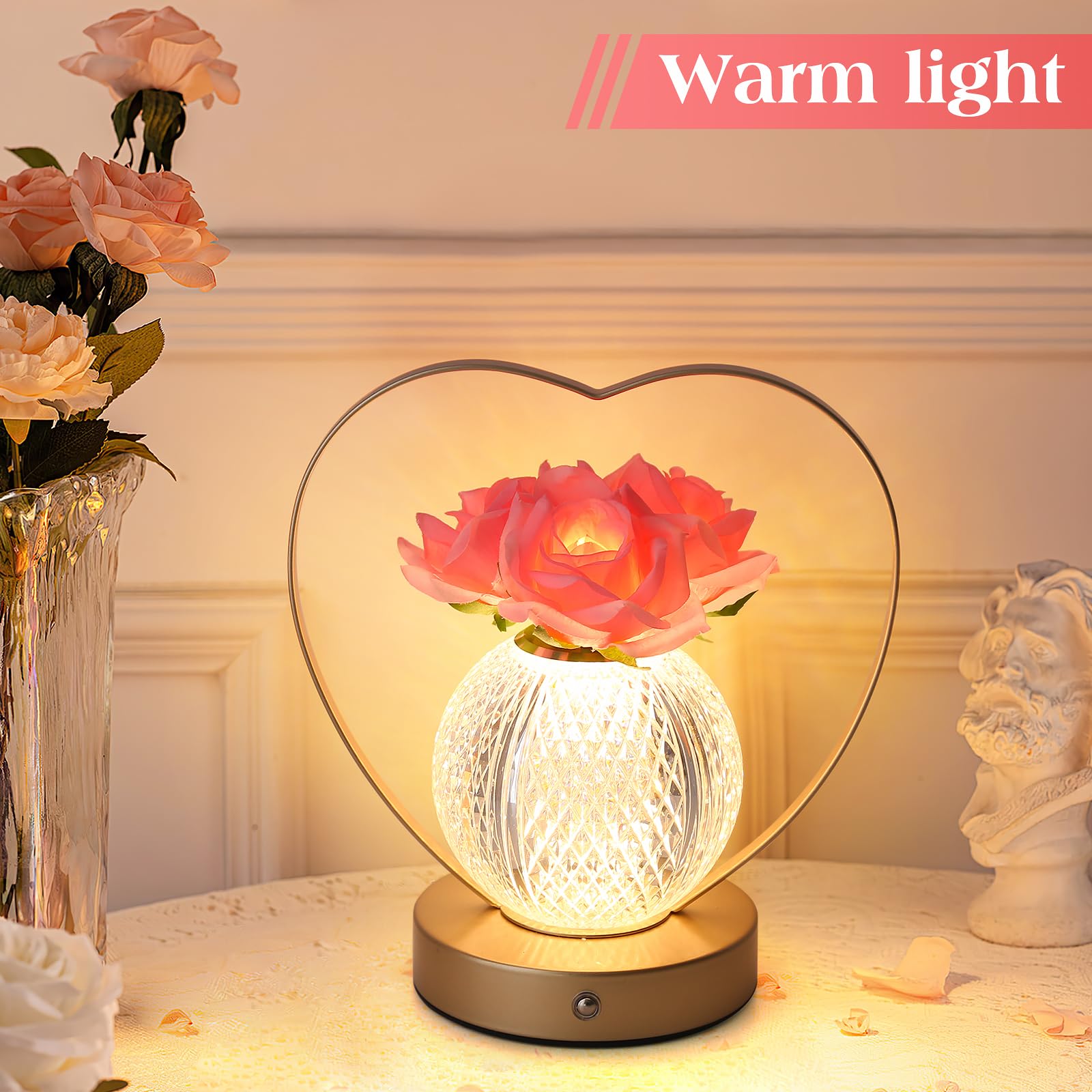 Amwgimi Rose Flower Lamp,Birthday Gifts For Women,Rechargeable Cordless Led Touch Lamps,3-Colour Infinitely Dimming Small Night