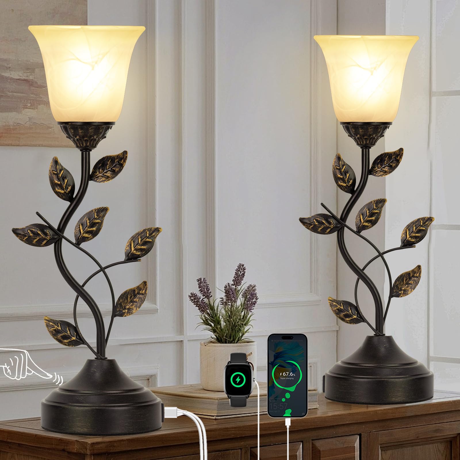Bedside Lamps Set of 2, 20 Inch Retro Style Table Lamp for Bedroom Touch Control 3-Way Dimmable with USB C+A Charging Ports, Tor