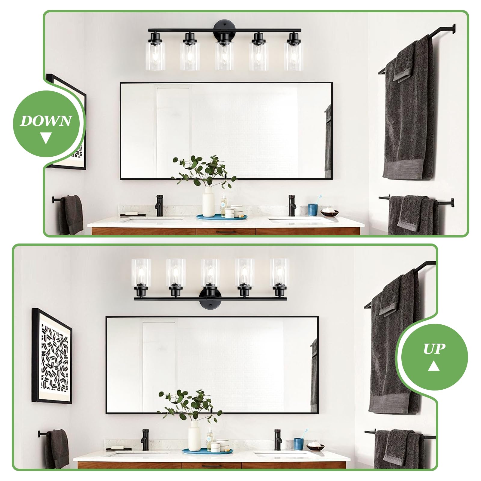 Guliaofo 5-Light Black Vanity Light Fixture with Clear Glass Shade, Modern Bathroom Wall Lamp for Mirror and Living Room, Model Gu-111-QGH-5
