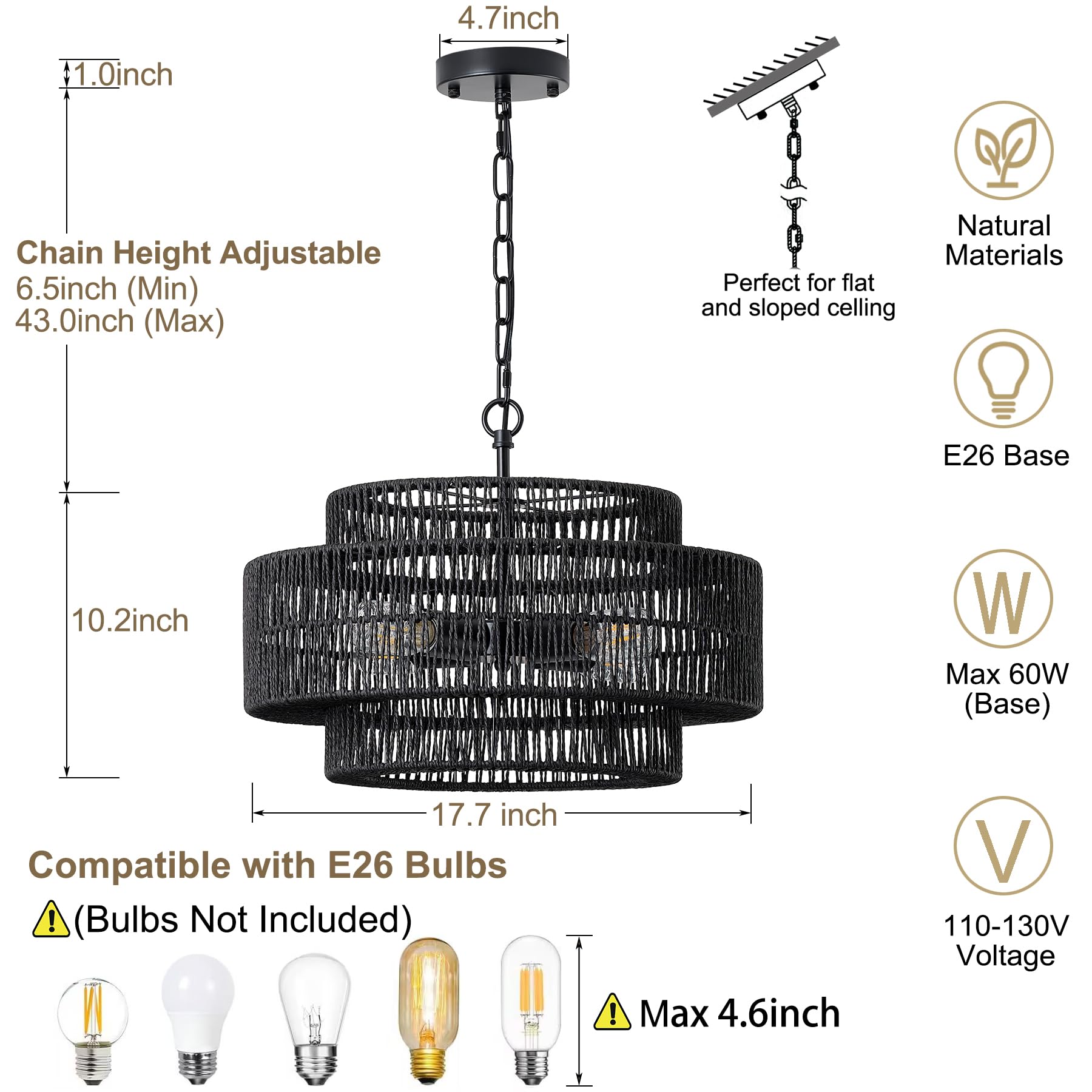 Giutna 17.7'' Black Large Boho Rattan Chandeliers For Dining Room, 4-Light Rattan Hand-Woven Farmhouse Drum Chandelier Pendant L