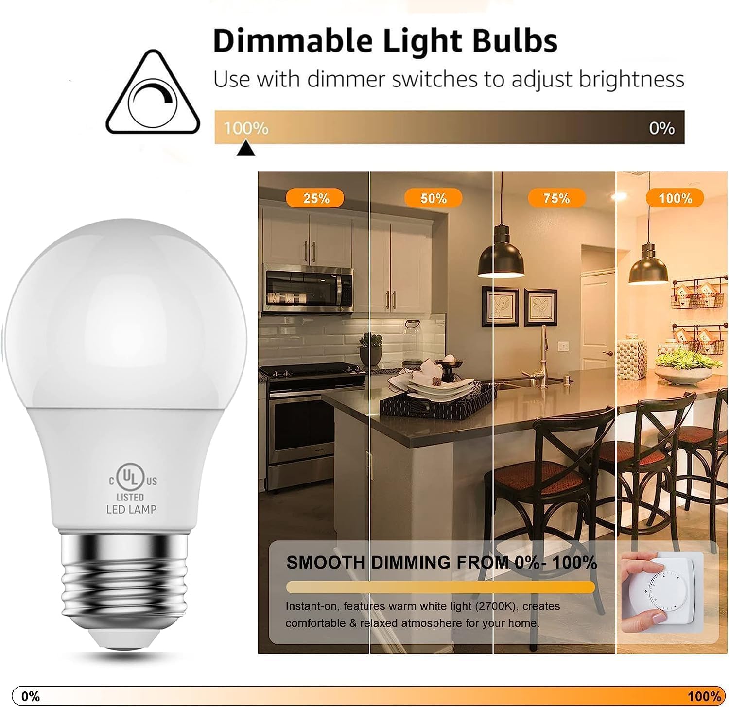 Onewish Led Light Bulb Dimmable 3 Brightness Settings, E26 Efficient 6.5W, 2700K Soft White 600Lm