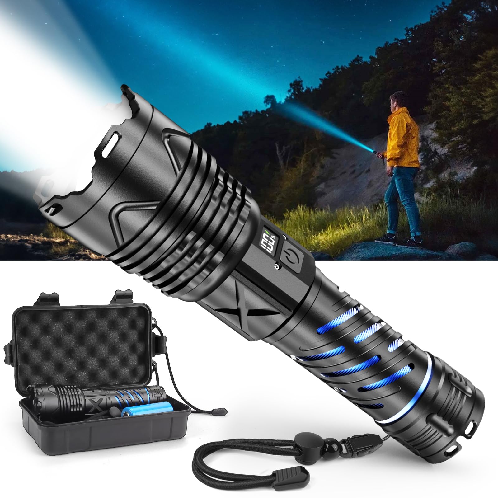 JMNGSHU Rechargeable Flashlight with Type-C Fast Charging & 16-Hour Runtime, 5000 High Lumens,5 Modes, Telescopic Zoom, Waterpro