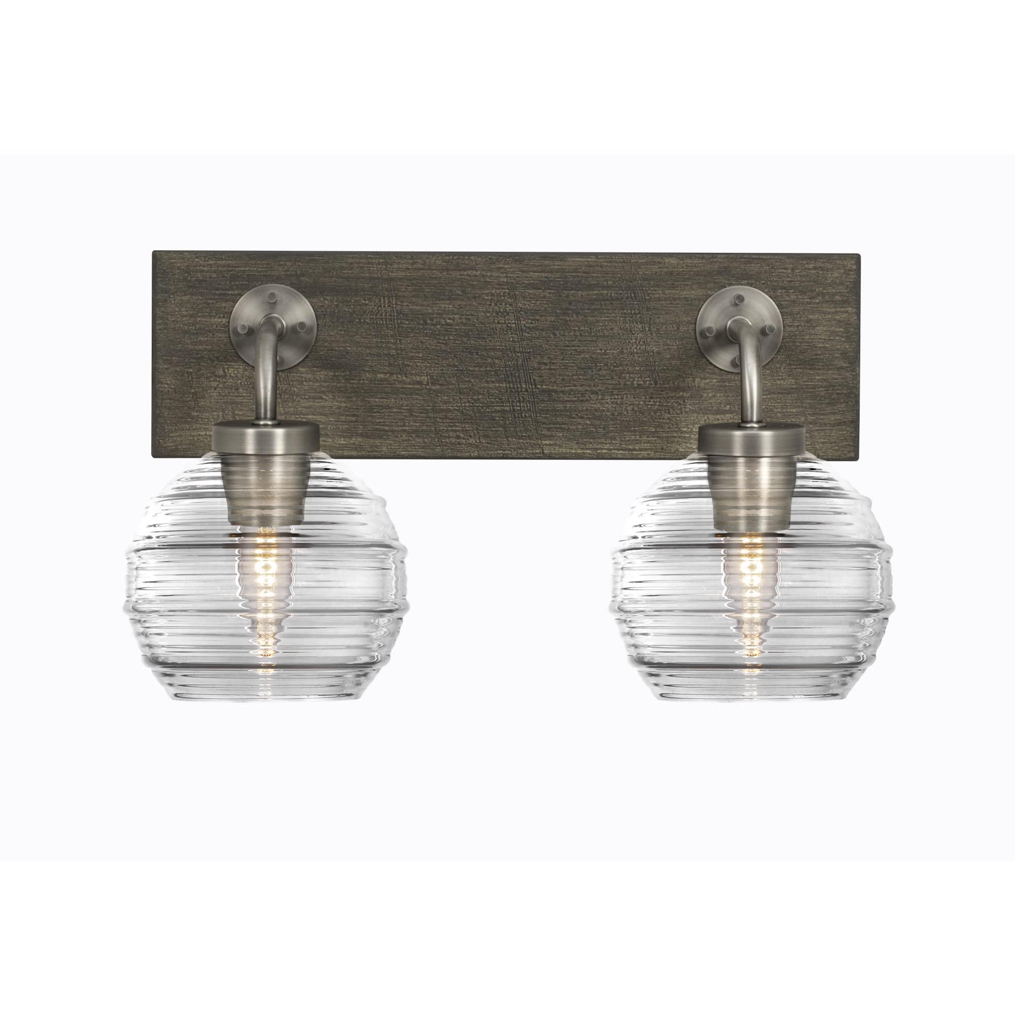 Oxbridge 2 Light Bath Bar In Graphite & Painted Distressed Wood-Look Metal Finish With 6" Clear Ribbed Glass