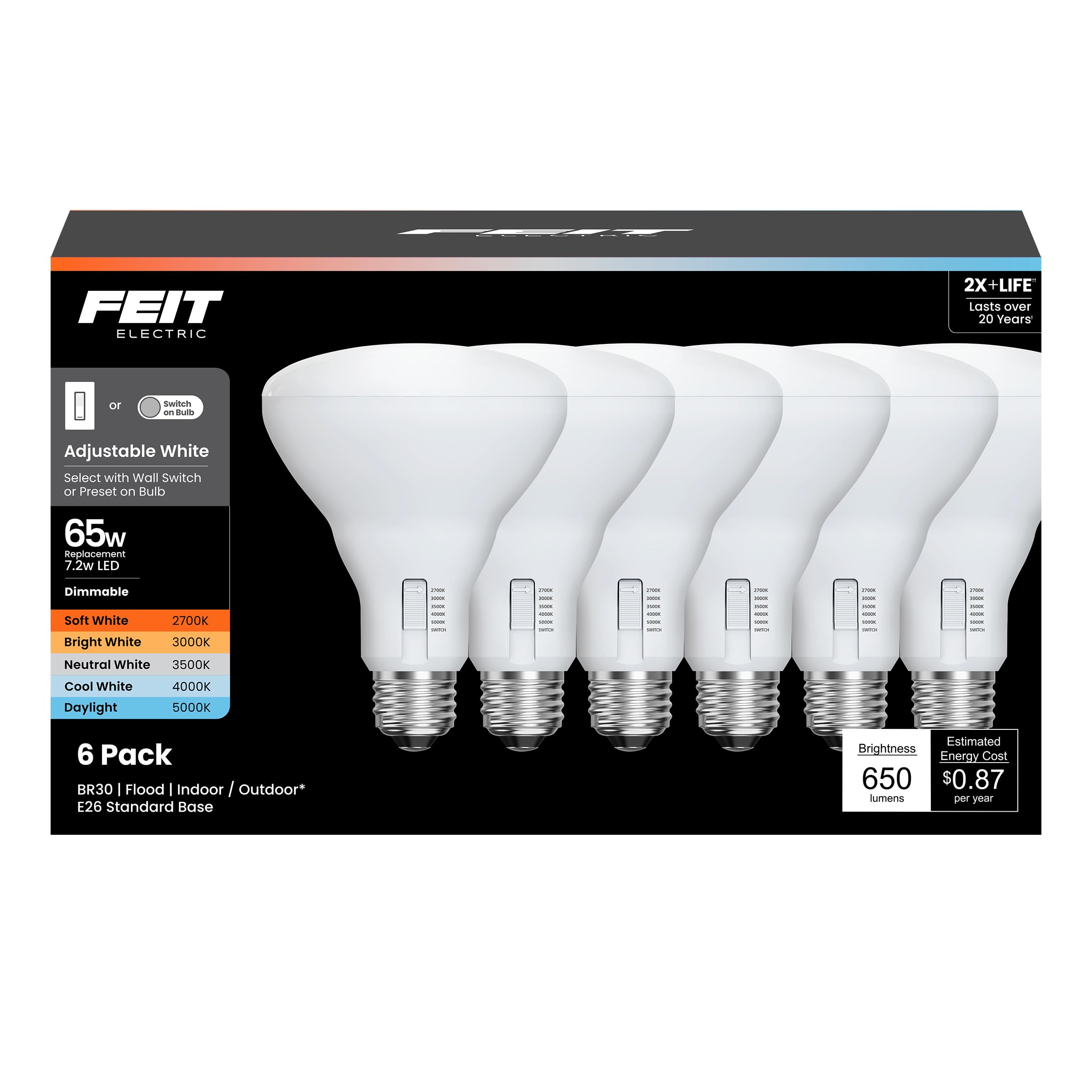 Feit Electric Br30 Led Light Bulb, 65W Equivalent, Dimmable, 650 Lumens, 5-Color Adjustable White, 90+ Cri, General Purpose Floo
