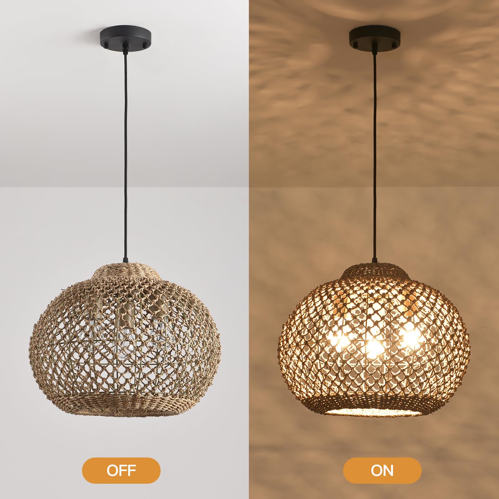 Lhjihfu3- Light 16.94'' Rattan Pendant Light Fixture, Ceiling Hanging Handmade Woven Wicker Bohemian Lighting Adjustable Height