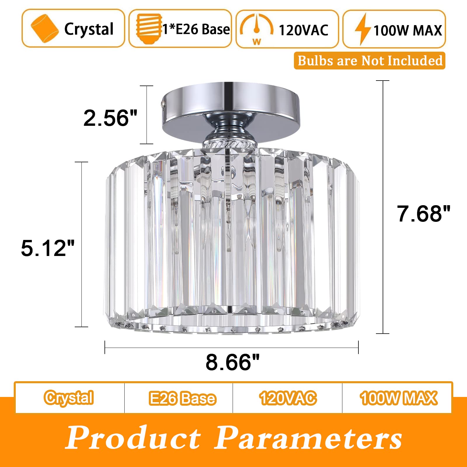 BUXVRCS Semi Flush Mount Chandelier, Crystal Ceiling Light Fixture, Silver, Model SJD-45 for Living Room, Bedroom, Bathroom, Kitchen