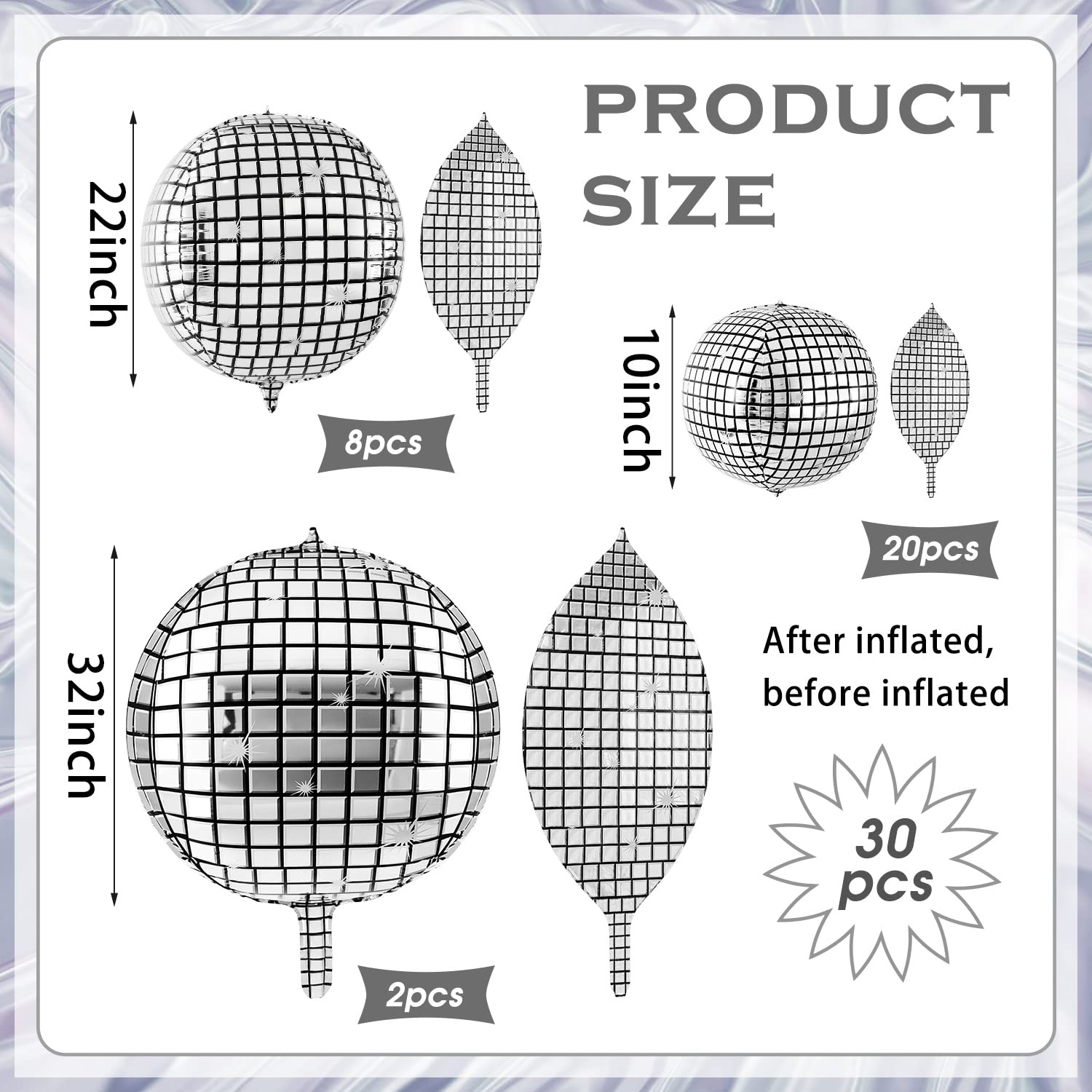 30 Pcs Disco Ball Balloons 32'' 22'' 10'' 4D Disco Balloons 70s Disco Party Decorations Round Metallic Silver Disco Foil Balloon
