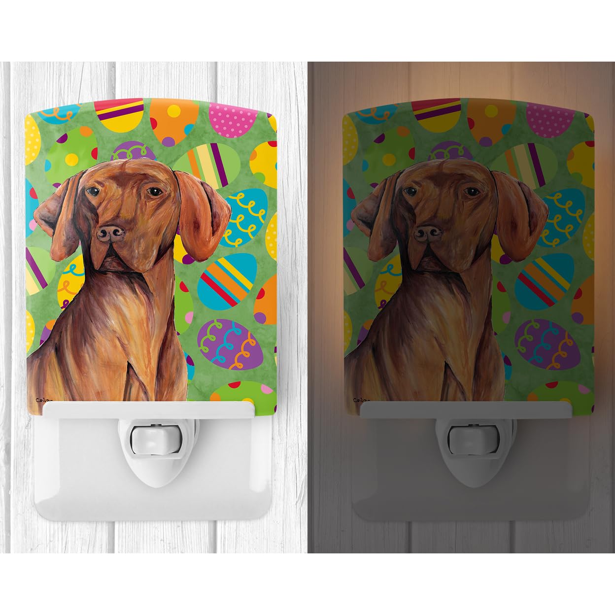 Caroline'S Treasures Sc9458Cnl Vizsla Easter Eggtravaganza Ceramic Night Light Compact, Ul-Certified, Ideal For Bedroom, Bathroom, Nursery, Hallway, Kitchen, 6X4X3, Multicolor