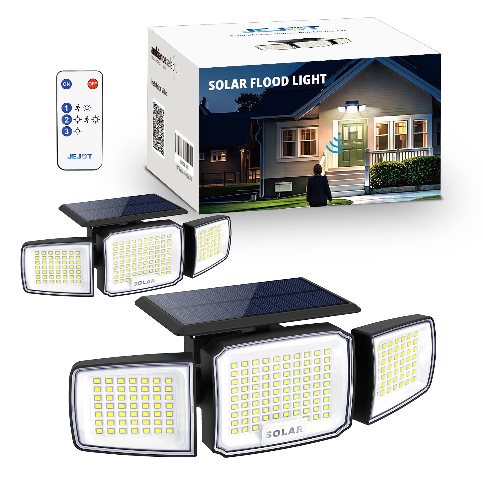 JEJOT Solar Security Light Outdoor LED, Remote Control, Radar Motion Sensor, IP65 Waterproof, 2 Pack, 3 Head, Model j111