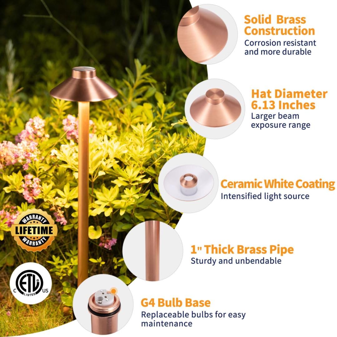 Gardenreet Waterproof Low Voltage Walkway Lights, Brass Copper Outdoor Pathway Lights, Ip65 Led Bronze Hat Top Sideway Lights For Driveway Backyard Patio With 3W 270Lm 5000K G4 Bulb 12 Pack