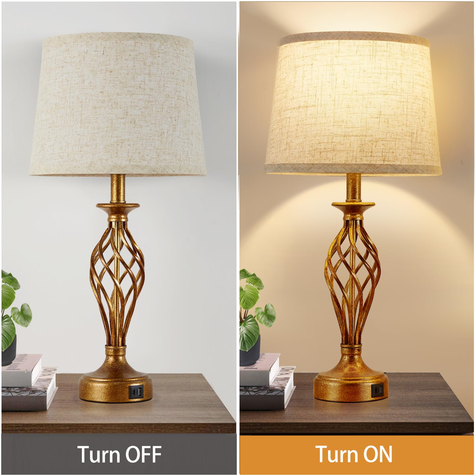 Nightstand Table Lamps For Bedrooms Set Of 2 With Usb C+A, Bedside Lamps With Spiral Cage Base, Tall Living Room Lamps For End T