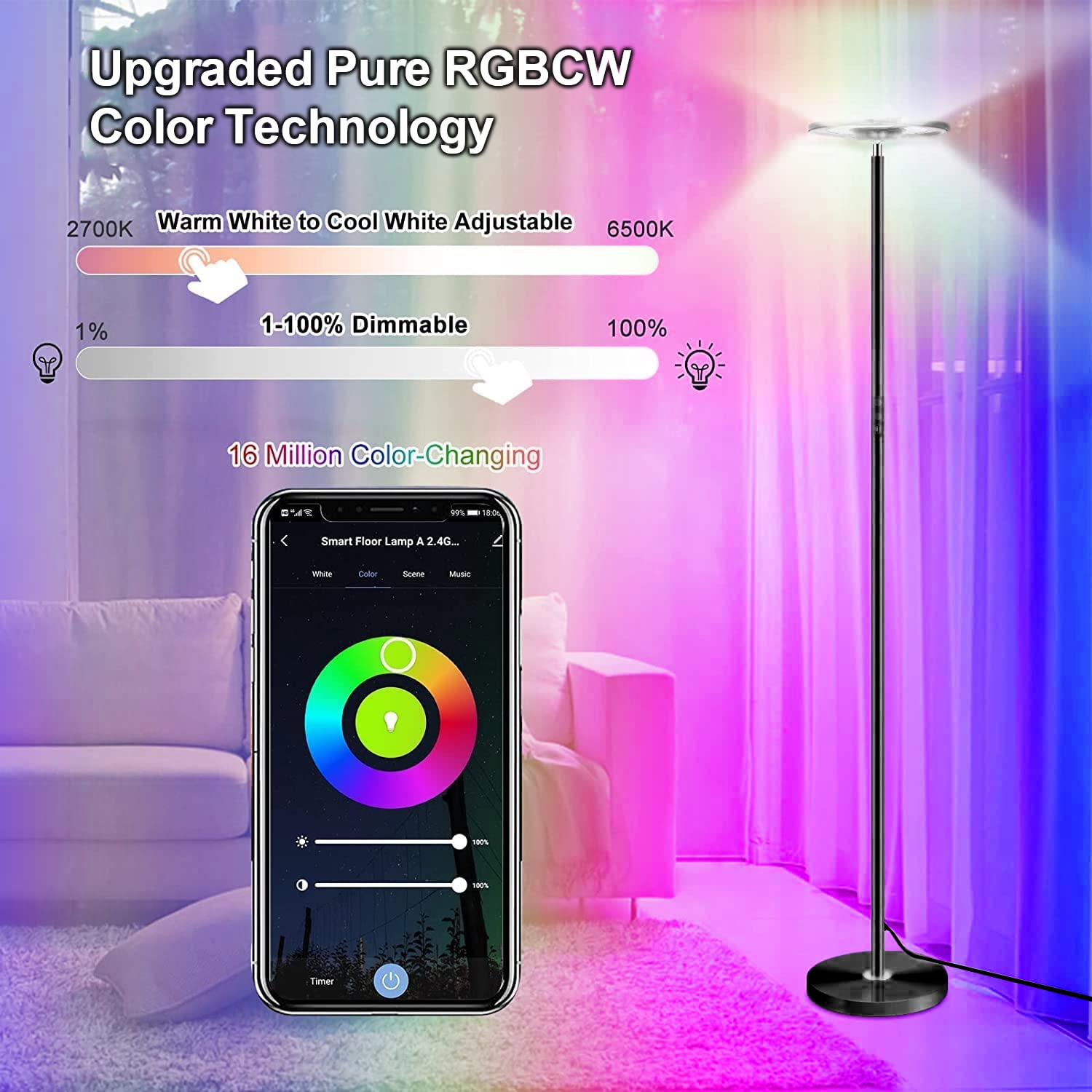 Upgraded 30W Smart Floor Lamp Compatible With Alexa, 2 In 1 Color Changing Rgb And White Light Led Lamp, Double Side Lighting Di