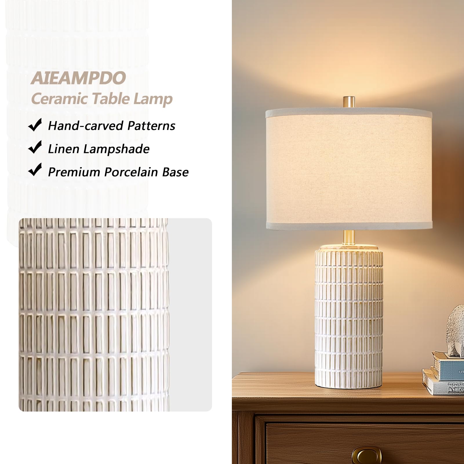 Aieampdo 23'' Set Of 2 Modern Ceramic Table Lamps For Living Room Bedroom, Nightstand Farmhouse Beige White Desk Lamp For Bedsid