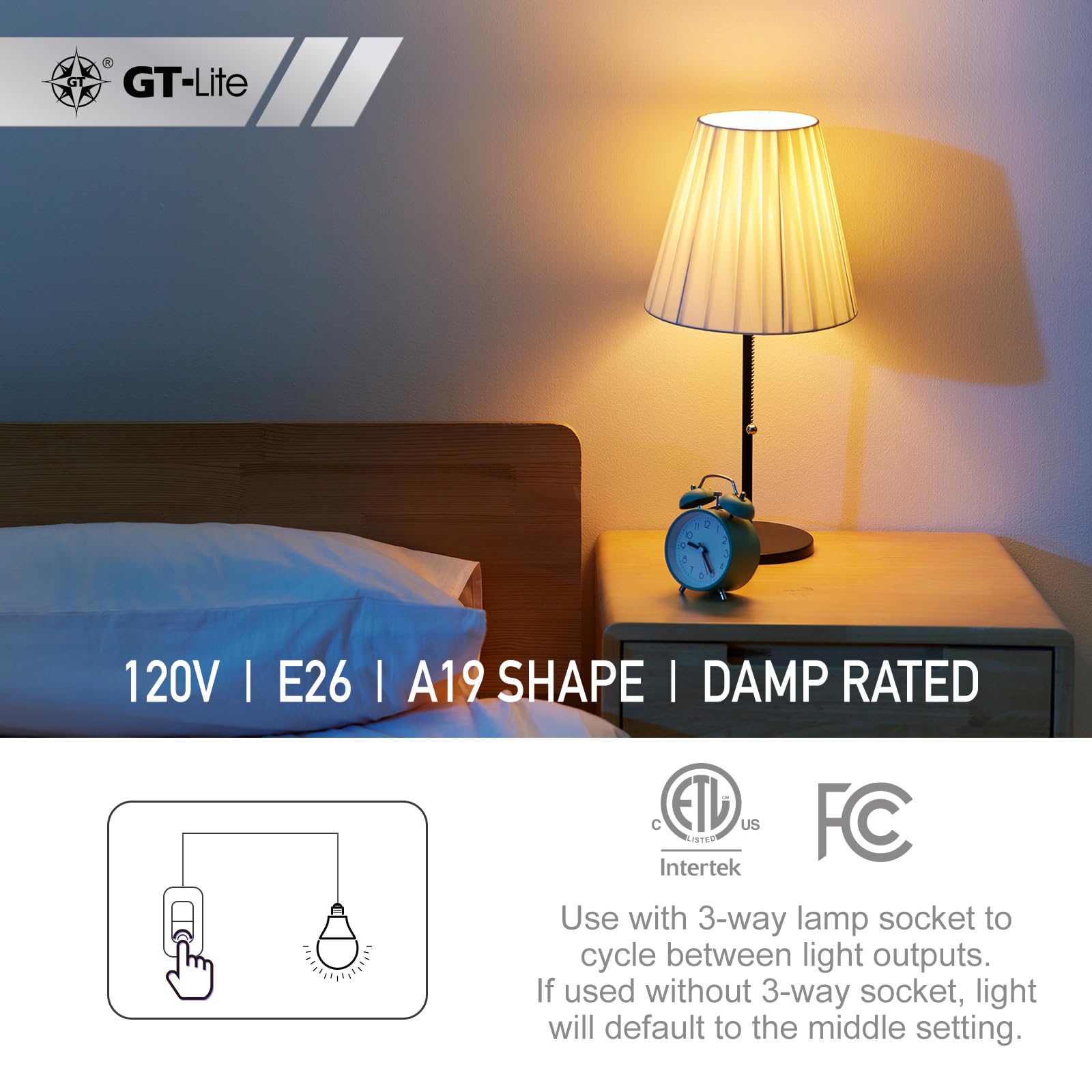 Gt-Lite 150W Equivalent 3 Way Led Light Bulbs,3500K Bright White6 Pack,A19,E26 Medium Base,3 Brightness Levels,Adjustable With 3