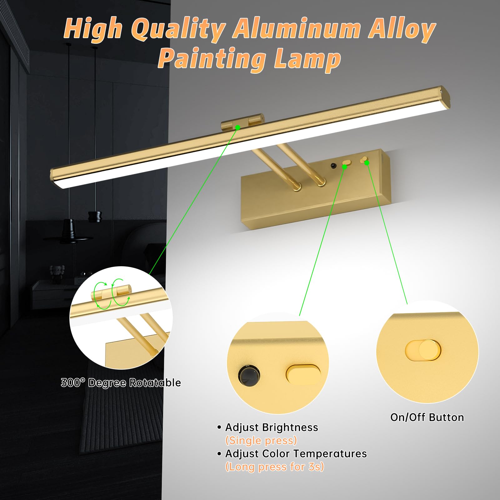 15.35Inch Picture Light With Remote, Wireless Rechargeable Battery Wall Light For Paintings, 3 Colors Paintings Light Dimmable A