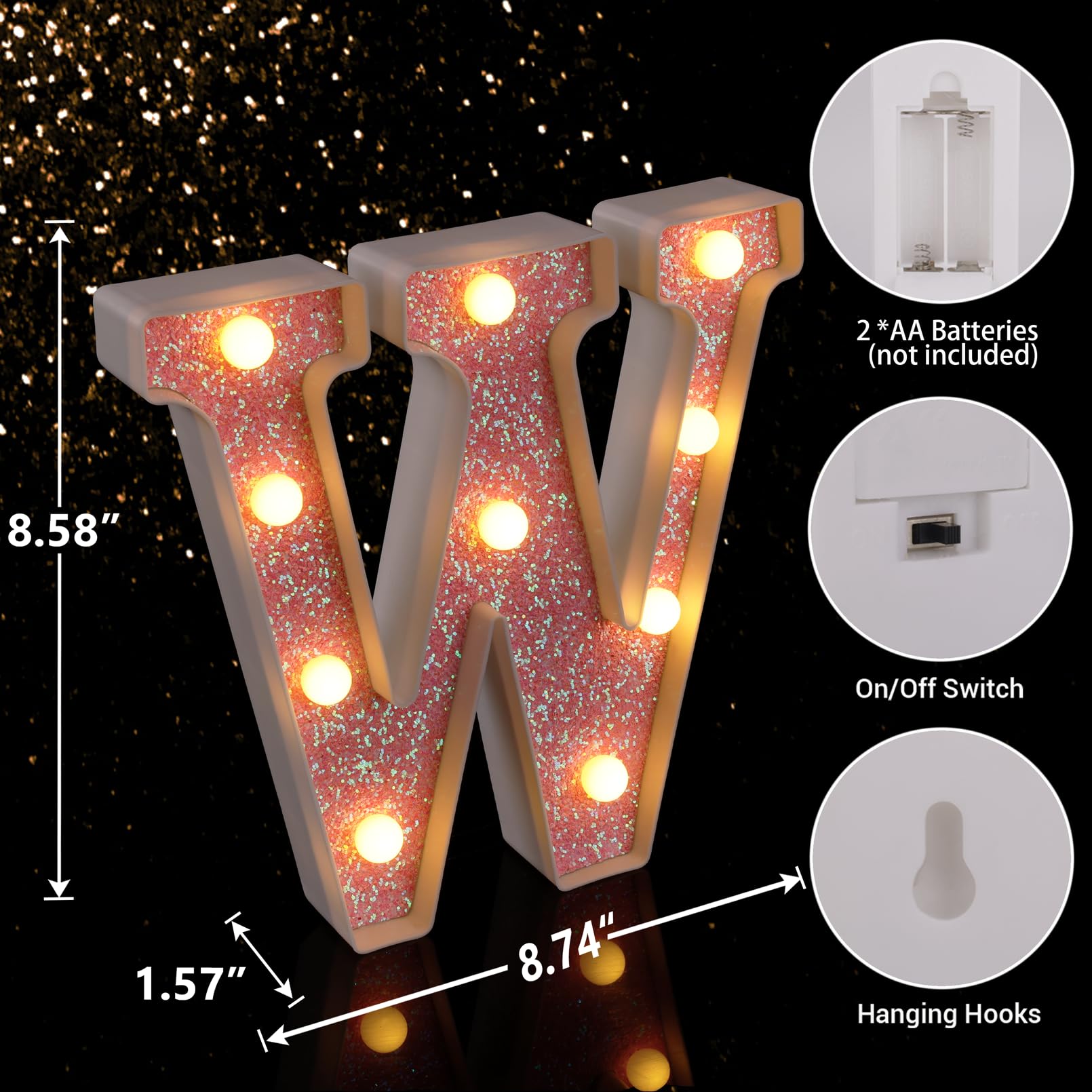 TRONSBOO LED Letter Light Sign, Pink Glitter Marquee, Battery Powered, 22.2x21.8x3.9 cm, Plastic, Model: Pink-Light-W