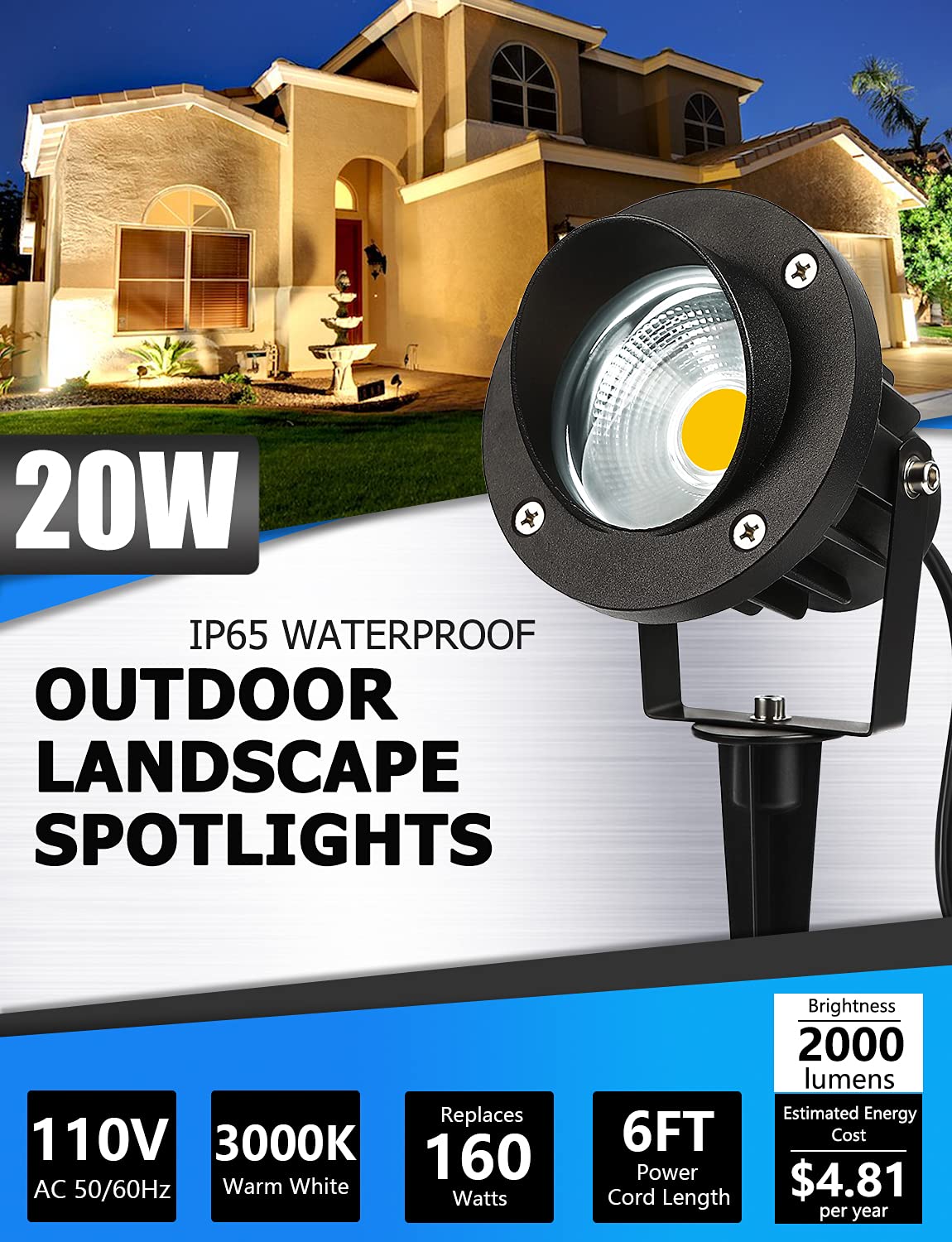 Sunvie 20W Outdoor Spotlight Led Landscape Lighting 120V Ac Waterproof Yard Spot Lights Outdoor With Stake For Tree Flag Lights