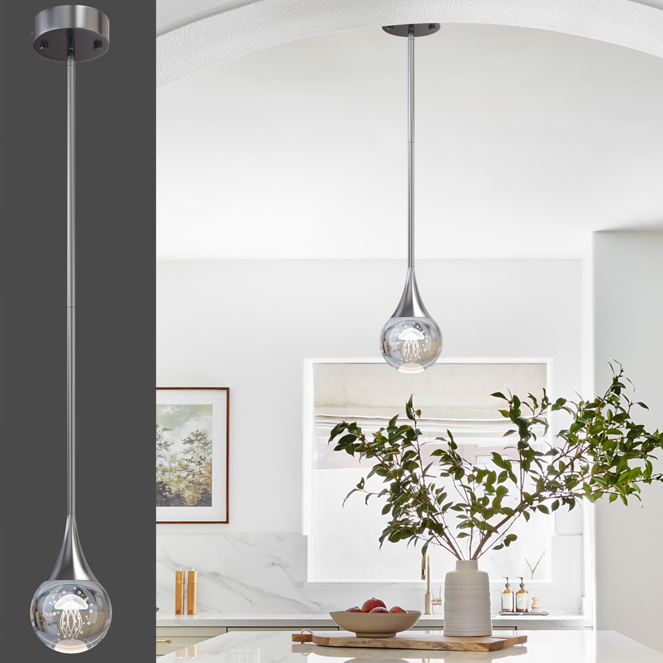 1-Pendant Lights Kitchen Island  Chrome Silver Crystal Globe Ceiling Hanging Light Fxitures  Led Lamp Metal Rod Ceiling Jellyfish Pendant Lighting For Kitchen Dining Room Bar