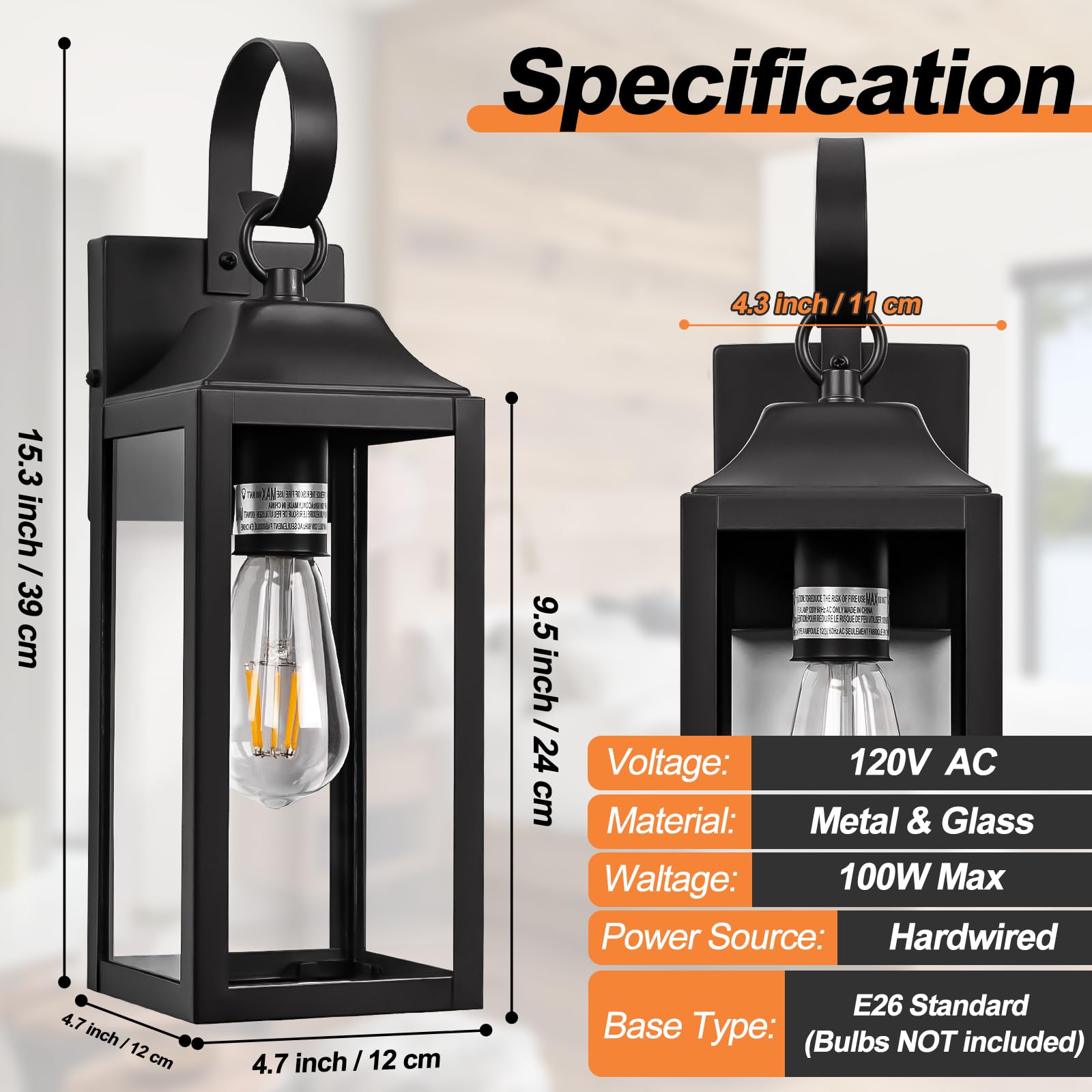 Yolsunes 2 Pack 15&quot; Black Outdoor Wall Sconces, Waterproof Modern Lanterns With Clear Glass