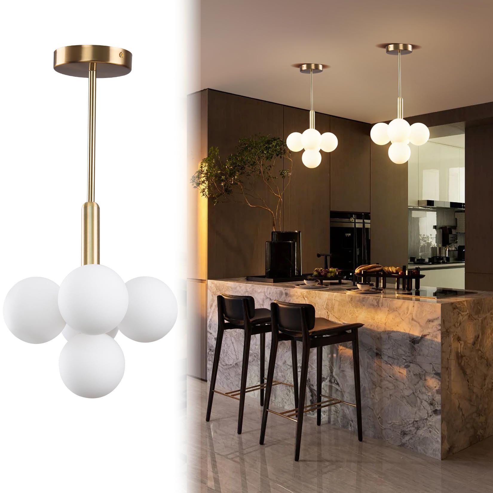 Modern Gold Chandelier - 5 Lights Globe Glass Sputnik Ceiling Lights Fixture Mid-Century Bubble Pendant Light For Dining Room Br