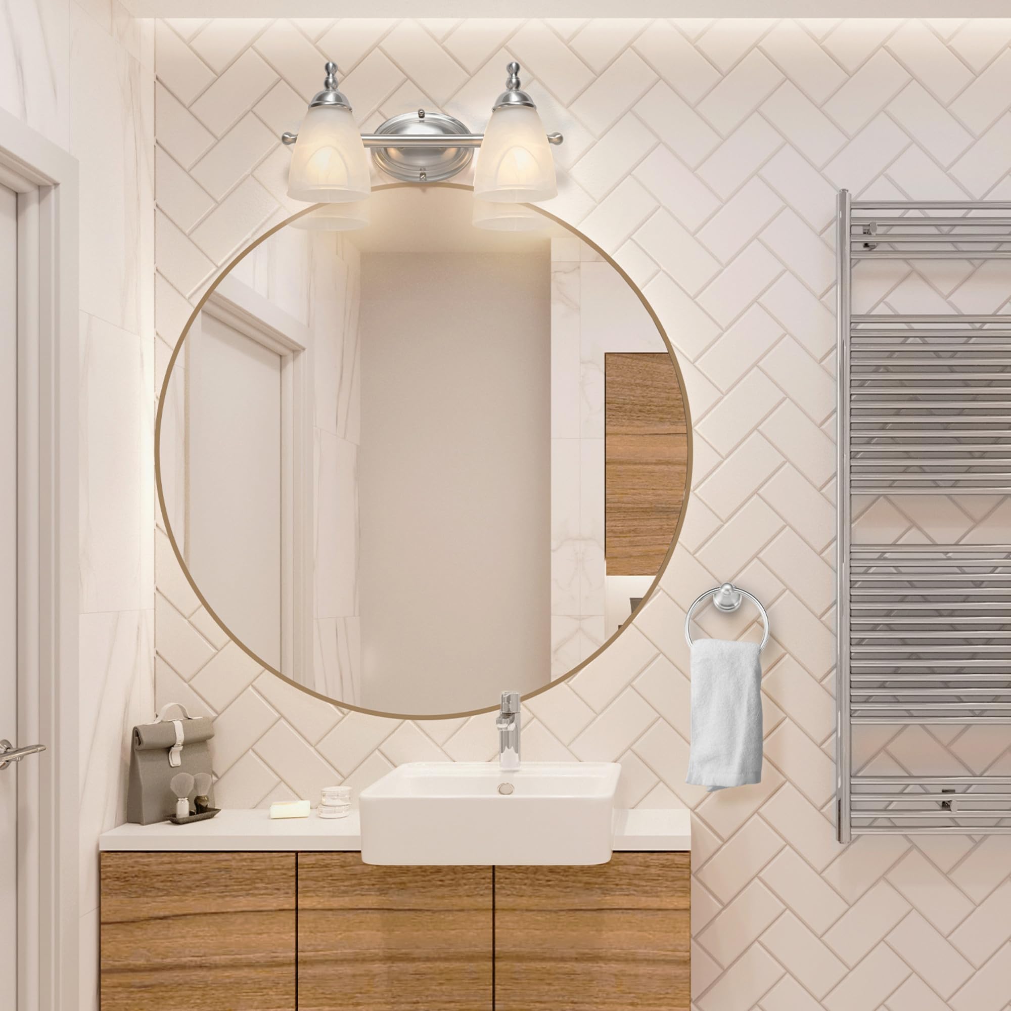 Globe Electric 63000104 3-Piece Bath Accessories, Satin Nickel Finish, 15'' 2-Light Vanity Light, Alabaster Glass Shades, Toilet