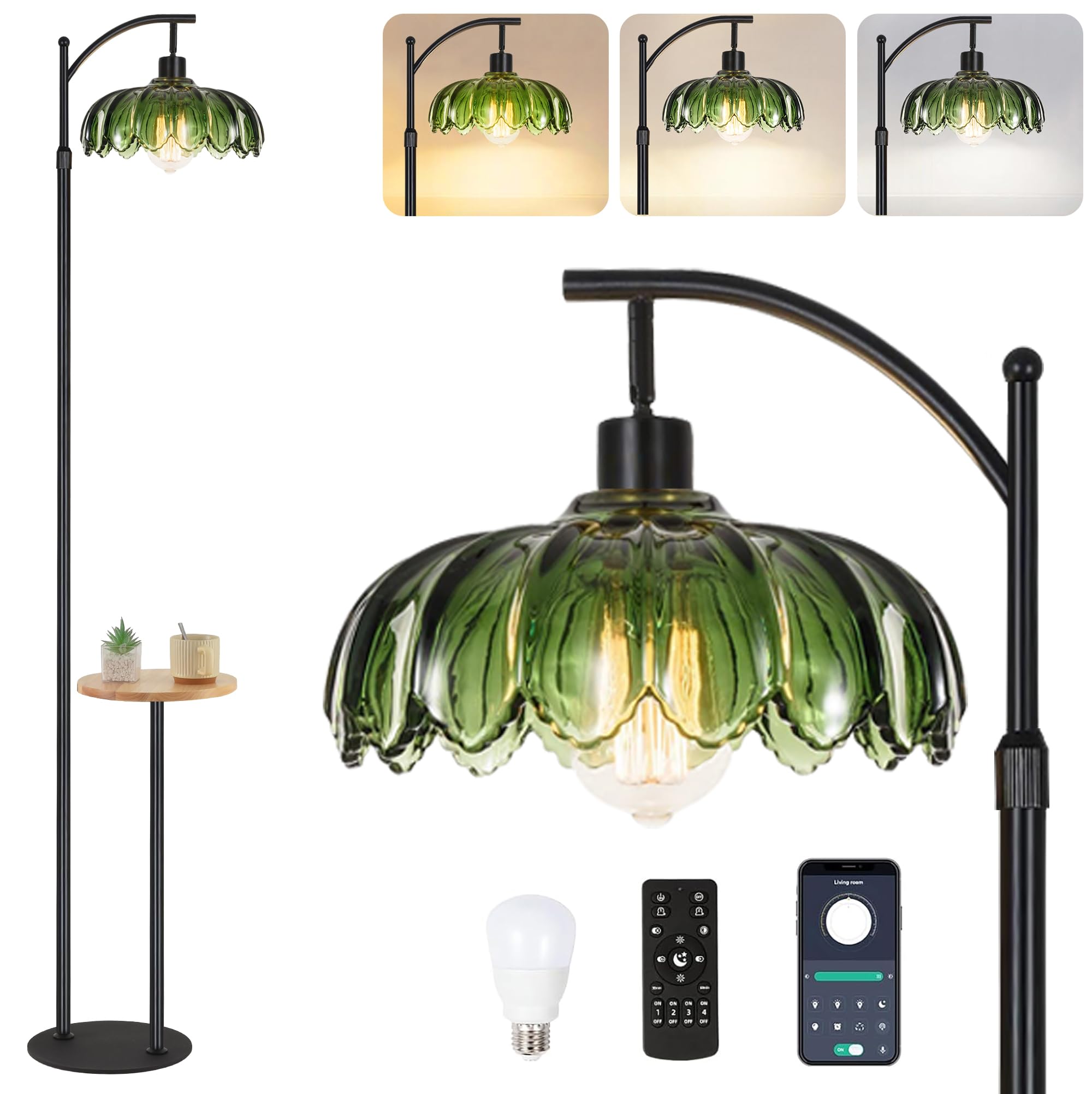 ZECOXOL Arc Floor Lamp with Table & Shelves, Black-Green, Metal, Remote Control, 10 inch, Modern Design