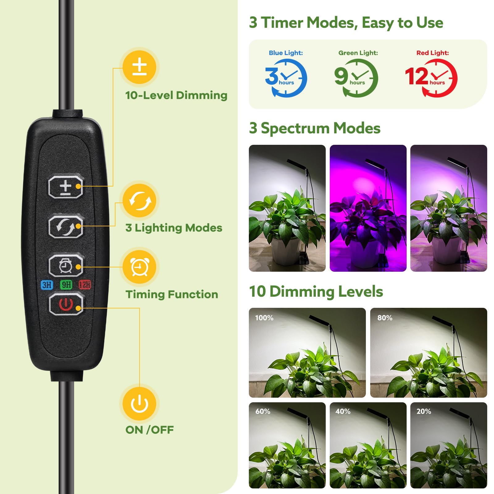 YUYMIKA Grow Lights for Indoor Plants, Full Spectrum, 48 LEDs, 3 Optional Spectrums, 10 Brightness Levels, Adjustable 7in-26in, Black