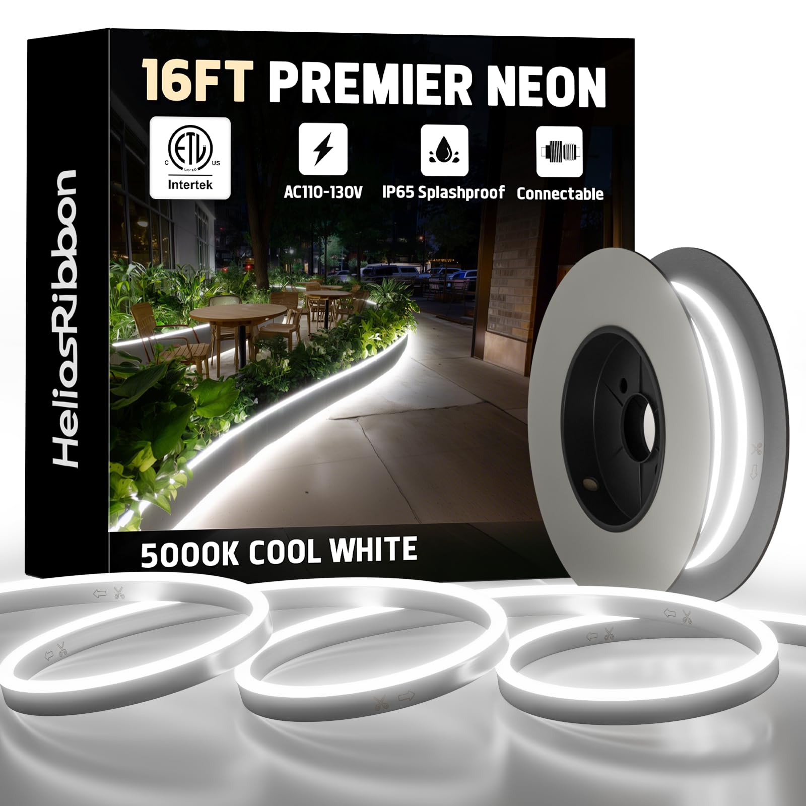 16FT LED Neon Rope Lights 5000K Cool White  ETL Listed 110-120V Outdoor Flexible Neon Band IP65 Waterproof  Connectable and Cuttable  for Home Commercial Contour Landscape Ambient Lighting Decor