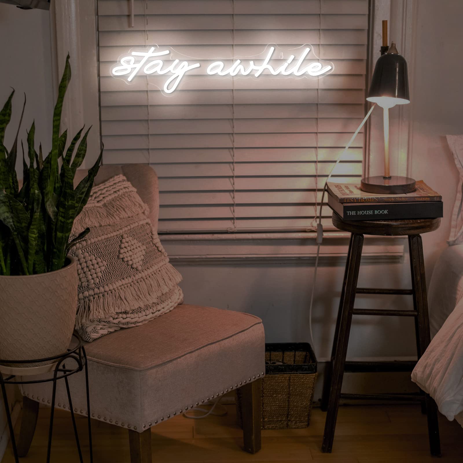 Imegina Dimmable Led Neon Sign - Stay Awhile Wall Decor, Usb Powered, 19.7X5 Inch, White