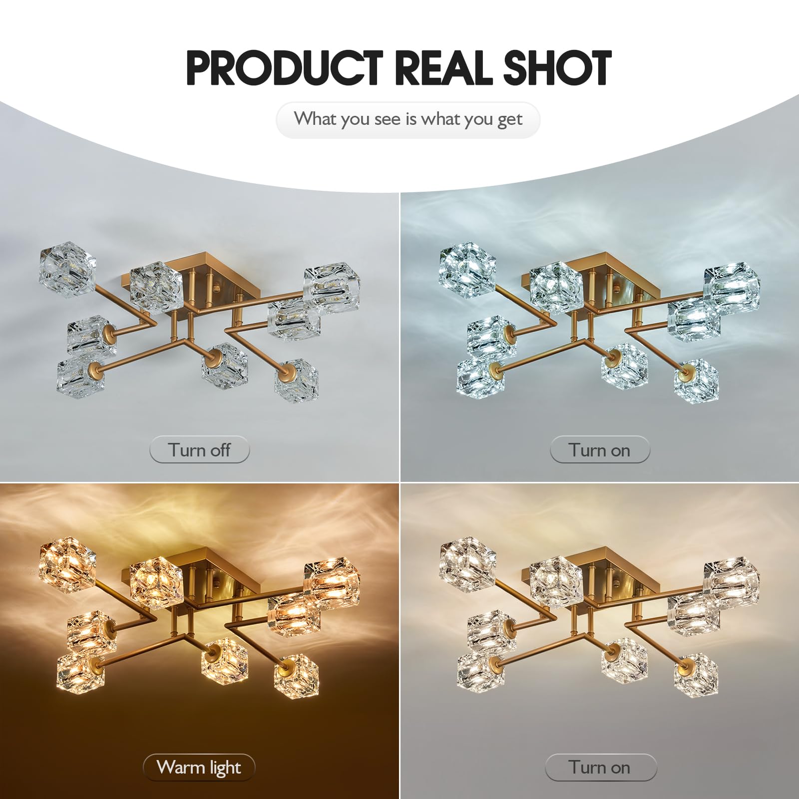 Qgiytp Vintage Gold Semi Flush Mount Ceiling Light 8-Light Glass Sputnik Chandeliers Mid Century Modern Crystal Ceiling Light Fi