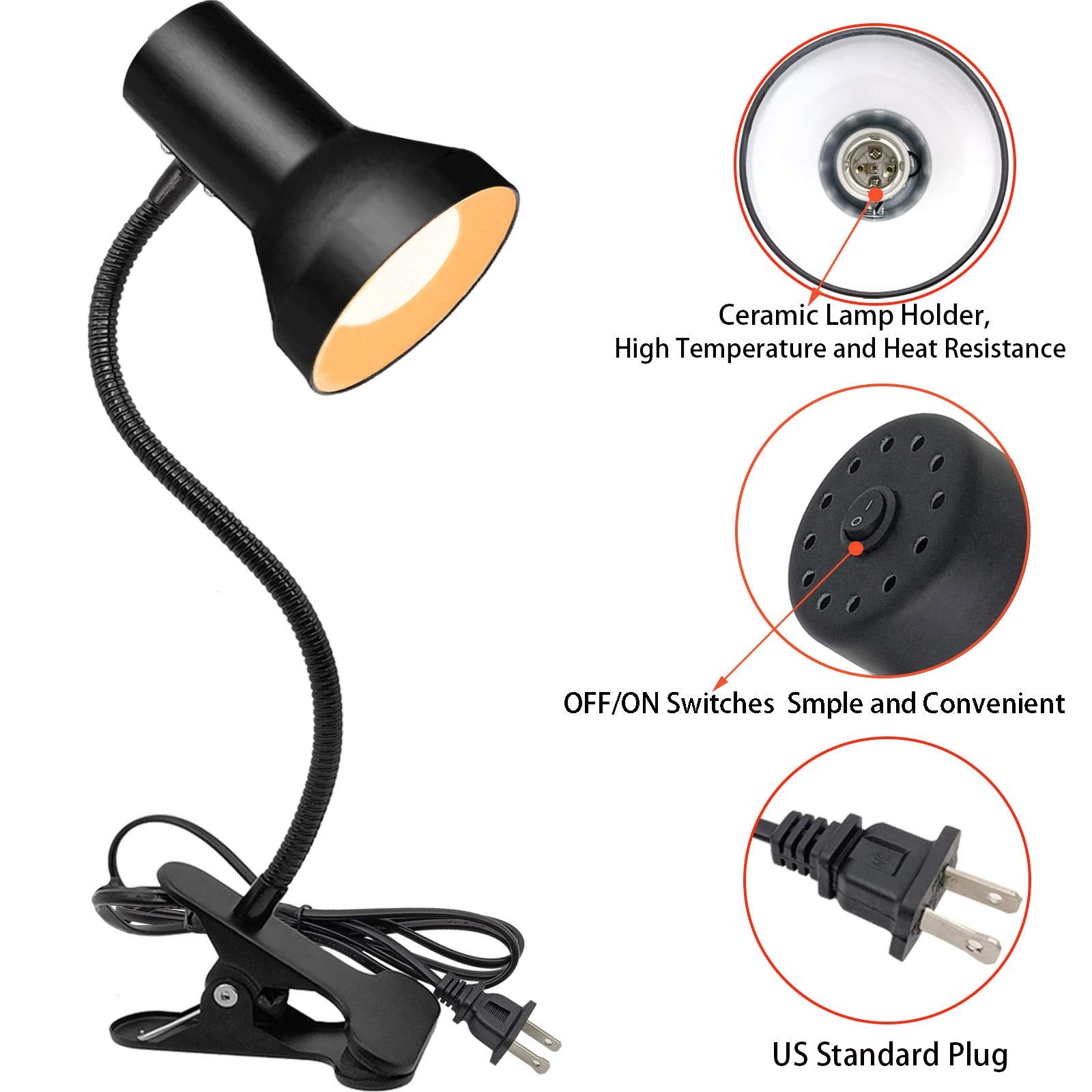 WimiSom Desk Lamp Eye-Caring Gooseneck Clip Light, Portable for Reading, Medium Size, Metal, Black, Model OUC-Desk lamp-0026
