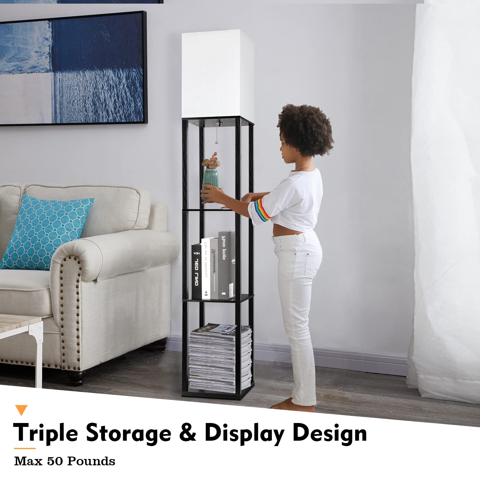 RUNTOP Floor Lamp with Shelves, LED Bulb, Modern Design, Black