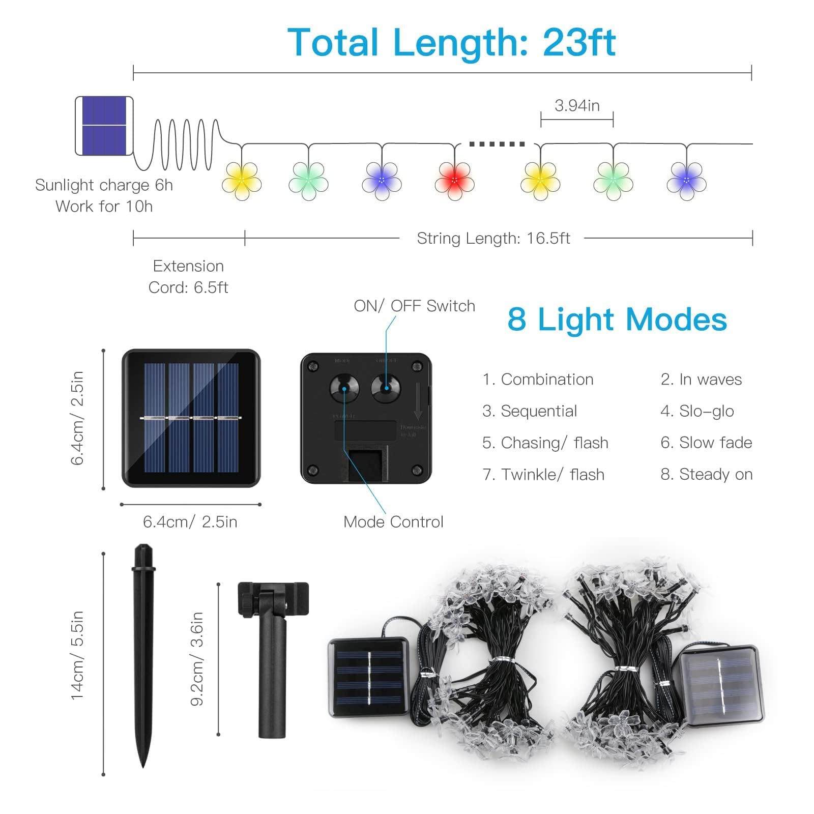 suddus Solar String Lights - 50 LED Waterproof Fairy Lights, Multi-colored Flower Design, 2 Pack for Indoor/Outdoor Decorations