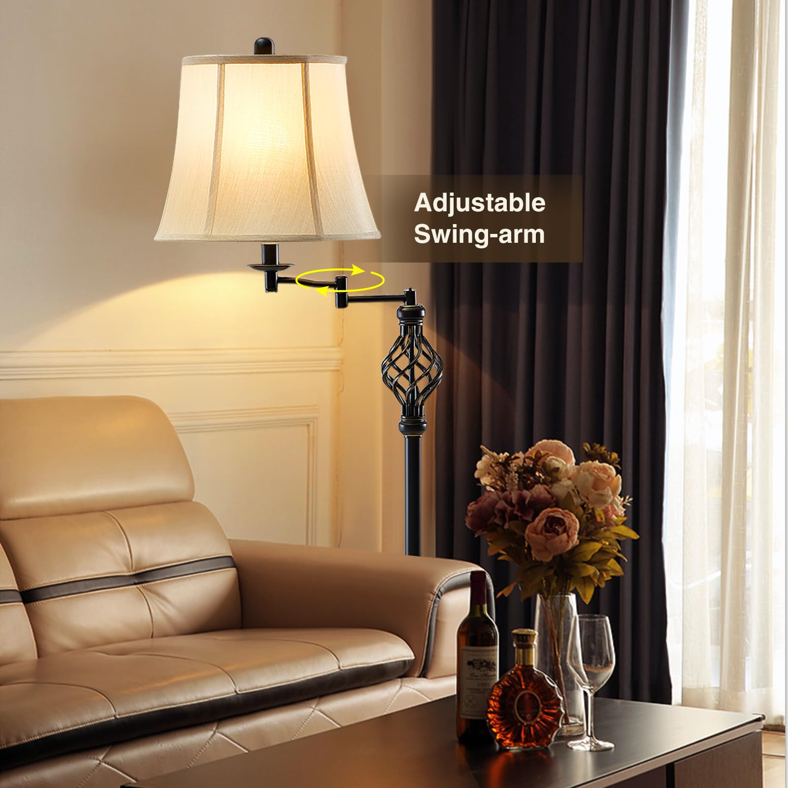 Gyrovu Adjustable 350° Swing Arm Led Floor Lamp, Vintage Beige Bell Lampshade For Living Rooms