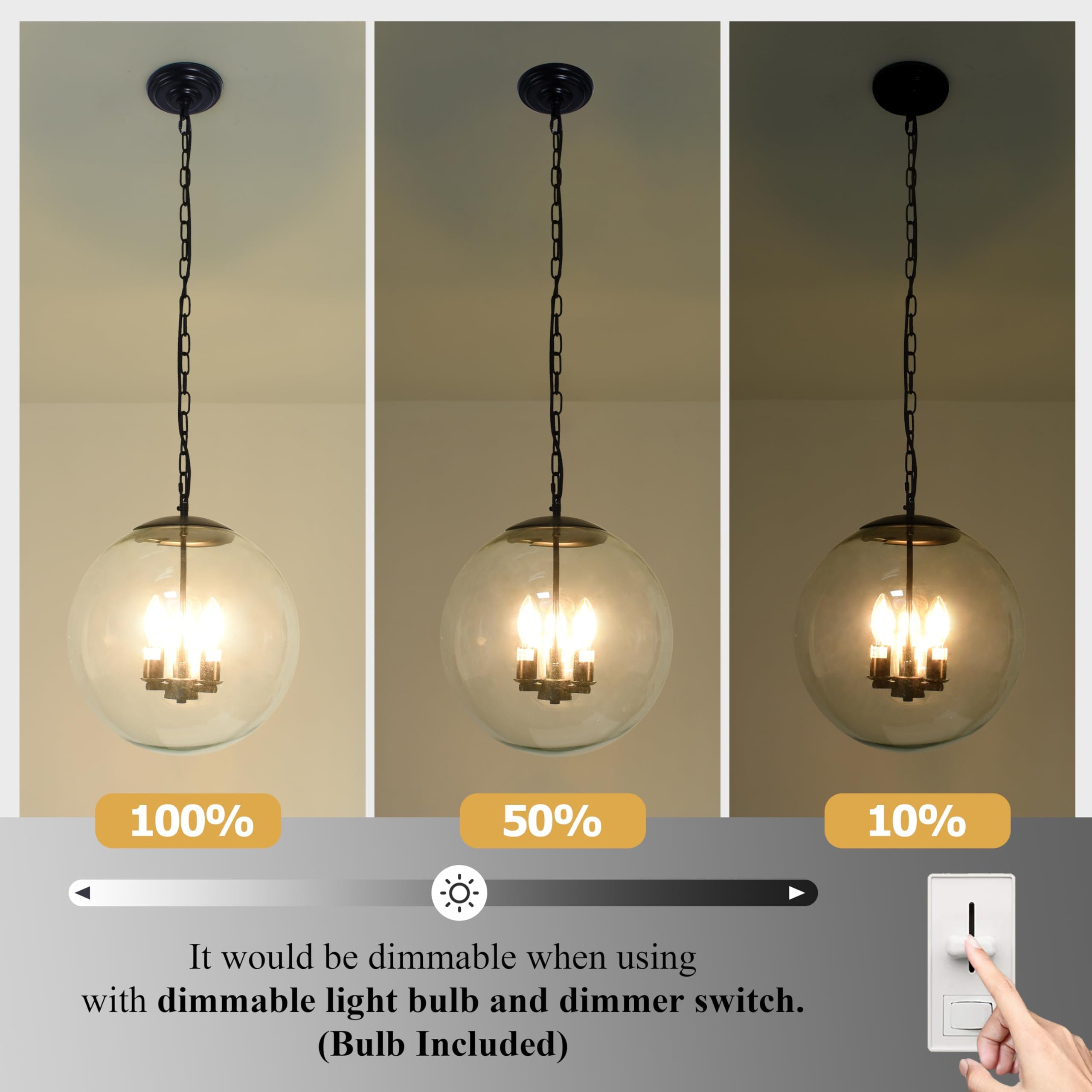 Koko&Yukina 13.7&quot; Black Globe Pendant Light, Clear Glass, Adjustable For Dining Room & Kitchen