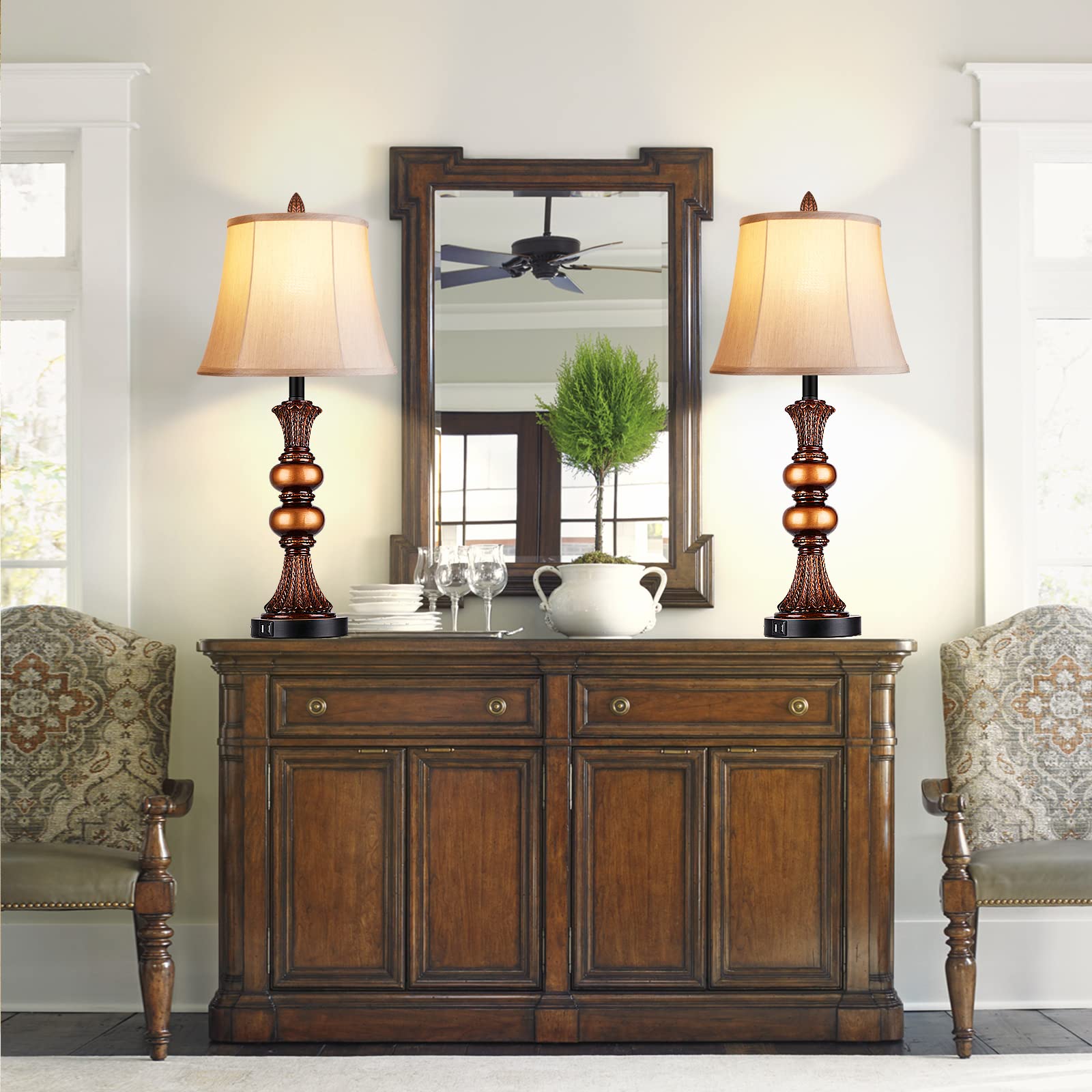 Set Of 2 Touch Control Traditional Table Lamp, 27&quot;H Bedside Lamps With 2 Usb Charging Ports, 3-Way Dimmable Bronze Finish Large Nightstand Lamps With Bell Faux Silk Shade For Living Room, Bedroom