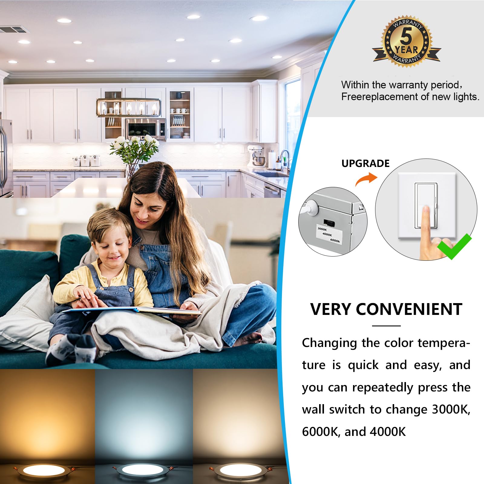 JARLSTAR 8 Inch LED Recessed Light, 12 Pack, 3CCT Dimmable, Aluminum, Model JSD18W, 3000K/4000K