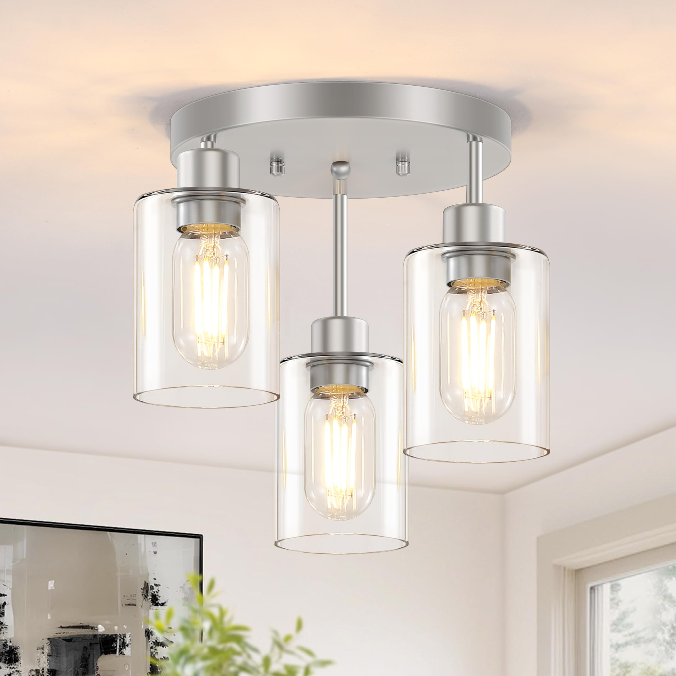 Feanron 3-Light Brushed Nickel Flush Mount Ceiling Light, Hallway Light Fixtures Ceiling Mount With Clear Glass Shades, Modern C